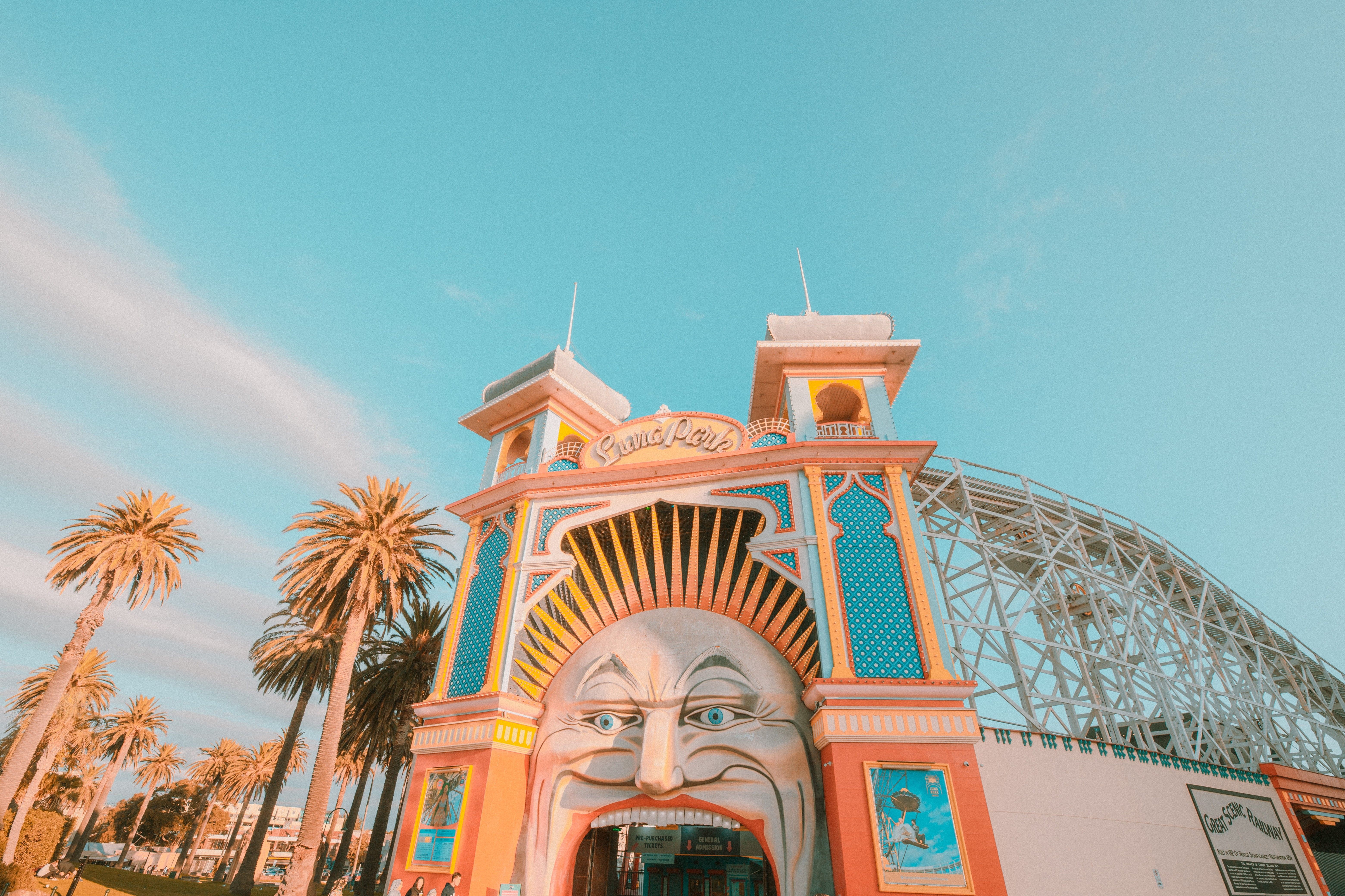 6240x4160 Wallpaper / place of worship, architecture, rollercoaster, built structure, building exterior, city, sunlight, luna park, palm tree, low angle view, outdoors, amusement park free download