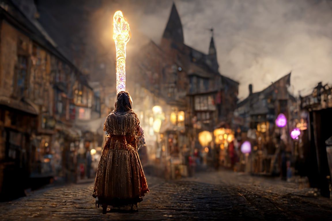 1152x768 prompthunt: a female wizard weilding a wooden magic wand walking through a bustling medieval town, 4k, hd, super detailed, 8k, realistic lighting, arcane, mythical, elegant, ethereal, intricate, hyperrealism