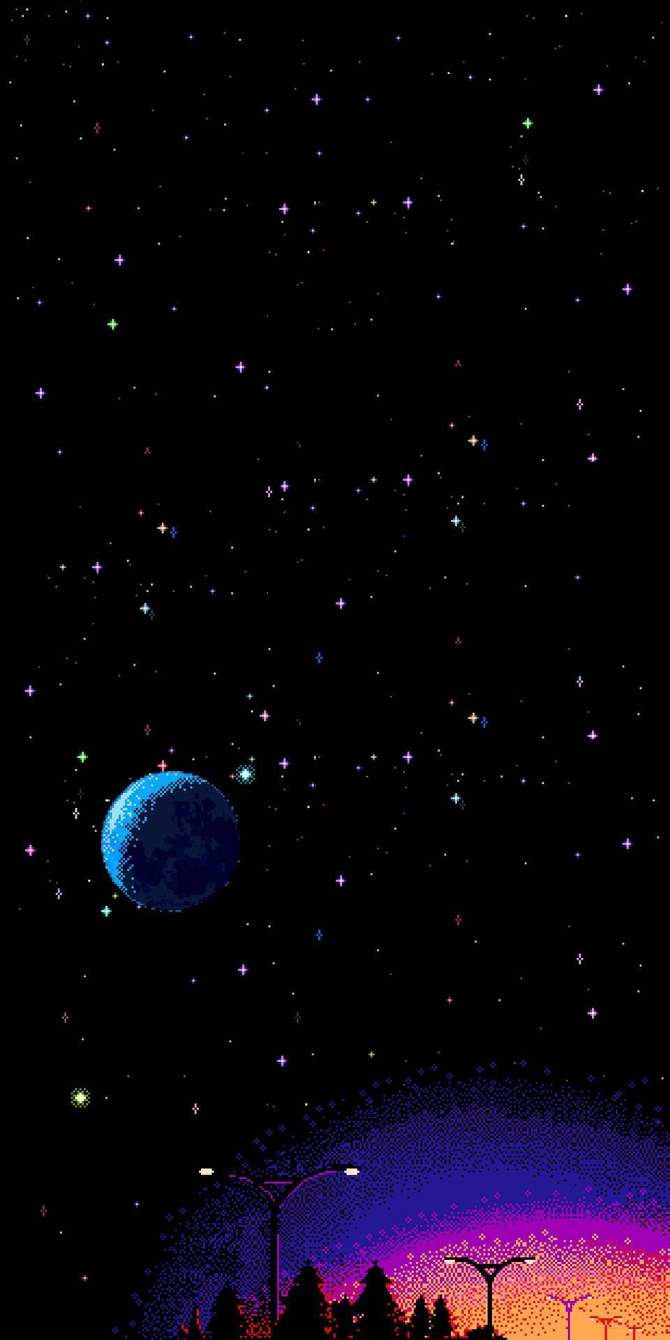 960x1920 Download Moon And Stars In Aesthetic Pixel Art Wallpaper