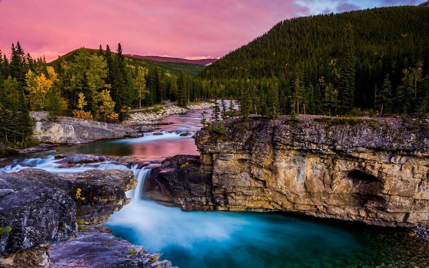 1400x875 nature, Landscape, Forest, Fall, Canada, Waterfall, Hill, Clouds, River, Road