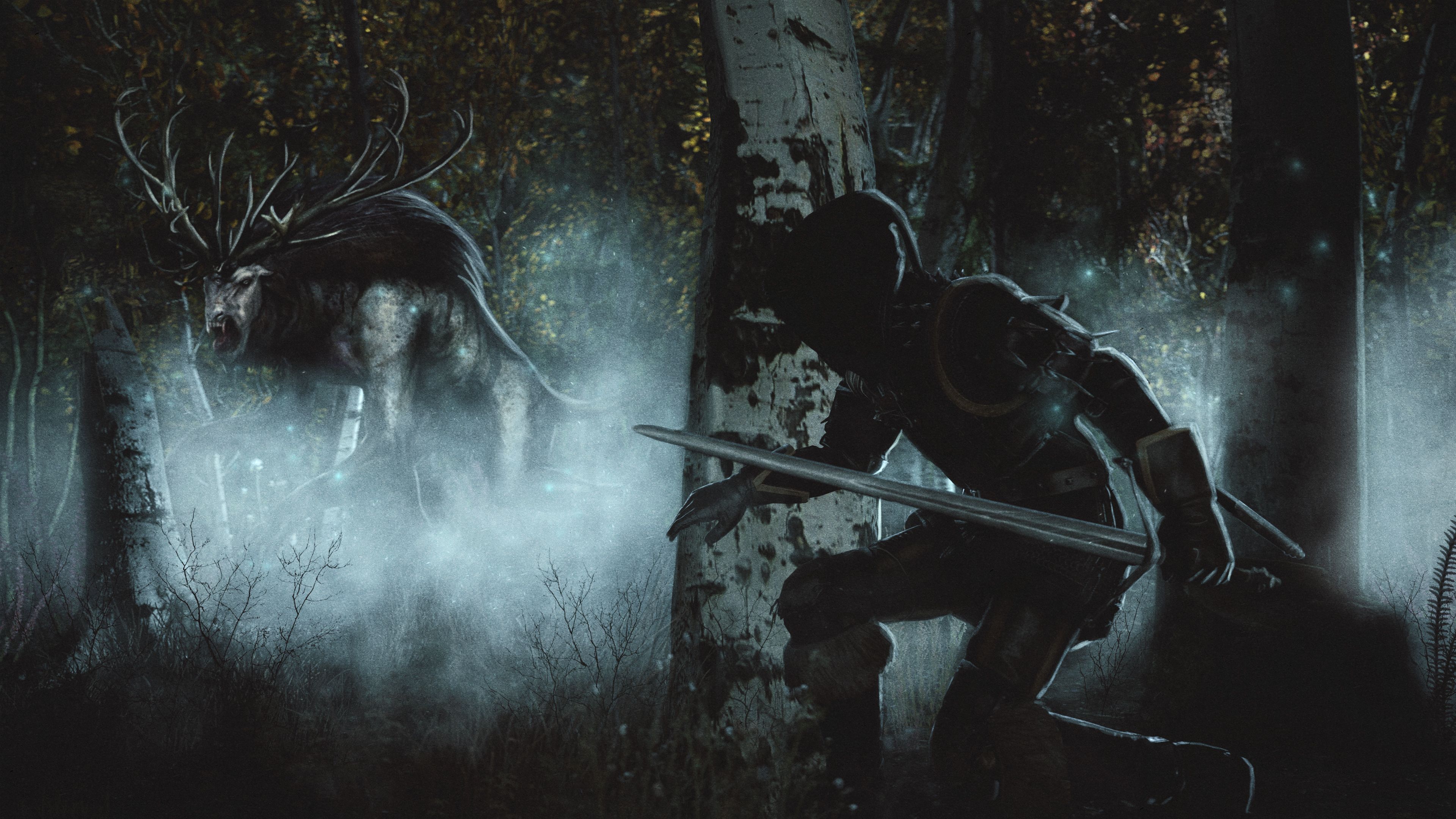 3840x2160 HD desktop wallpaper: Night, Forest, Fog, Warrior, Creature, Sword, Video Game, The Witcher, Geralt Of Rivia, The Witcher 3: Wild Hunt download free picture