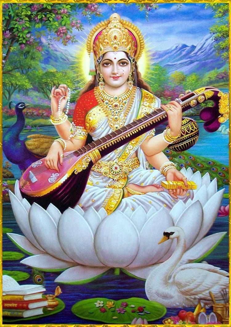 750x1060 Download Beautiful Artwork Portraying Saraswati Devi Wallpaper