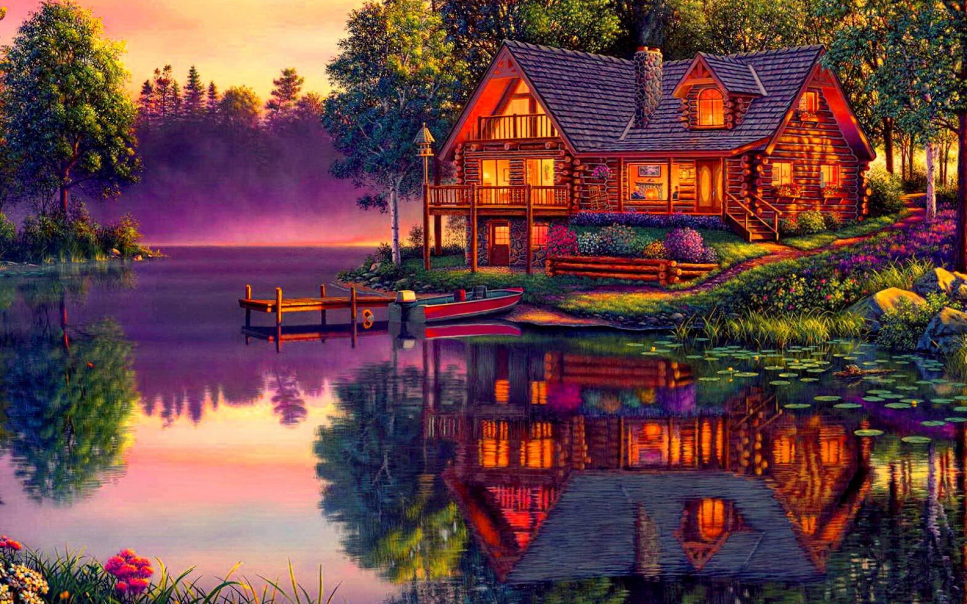 1920x1200 Log Cabin on the Lake