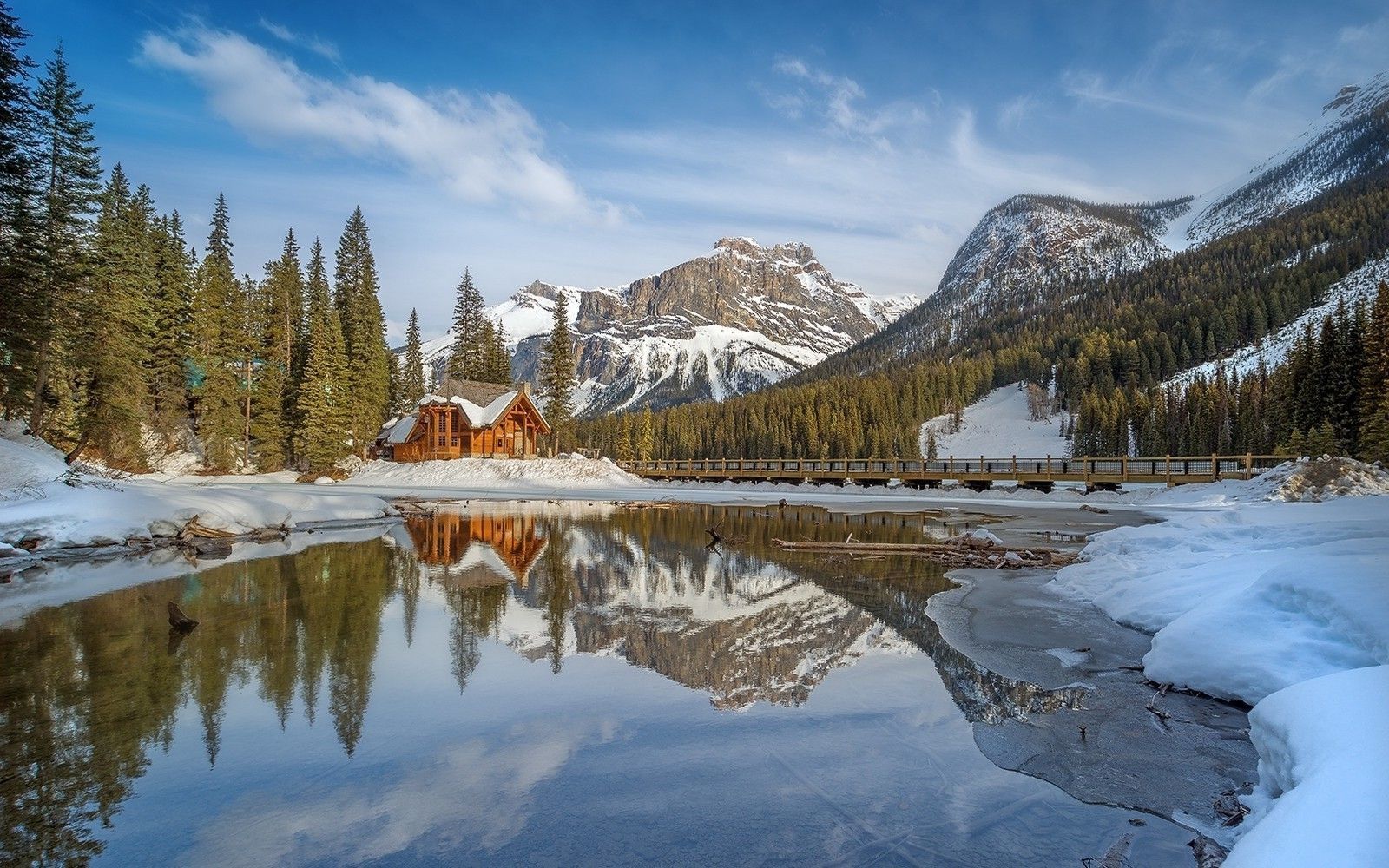 1600x1000 nature landscape lake cabin winter mountain snow reflection forest sunset british columbia water wallpaper