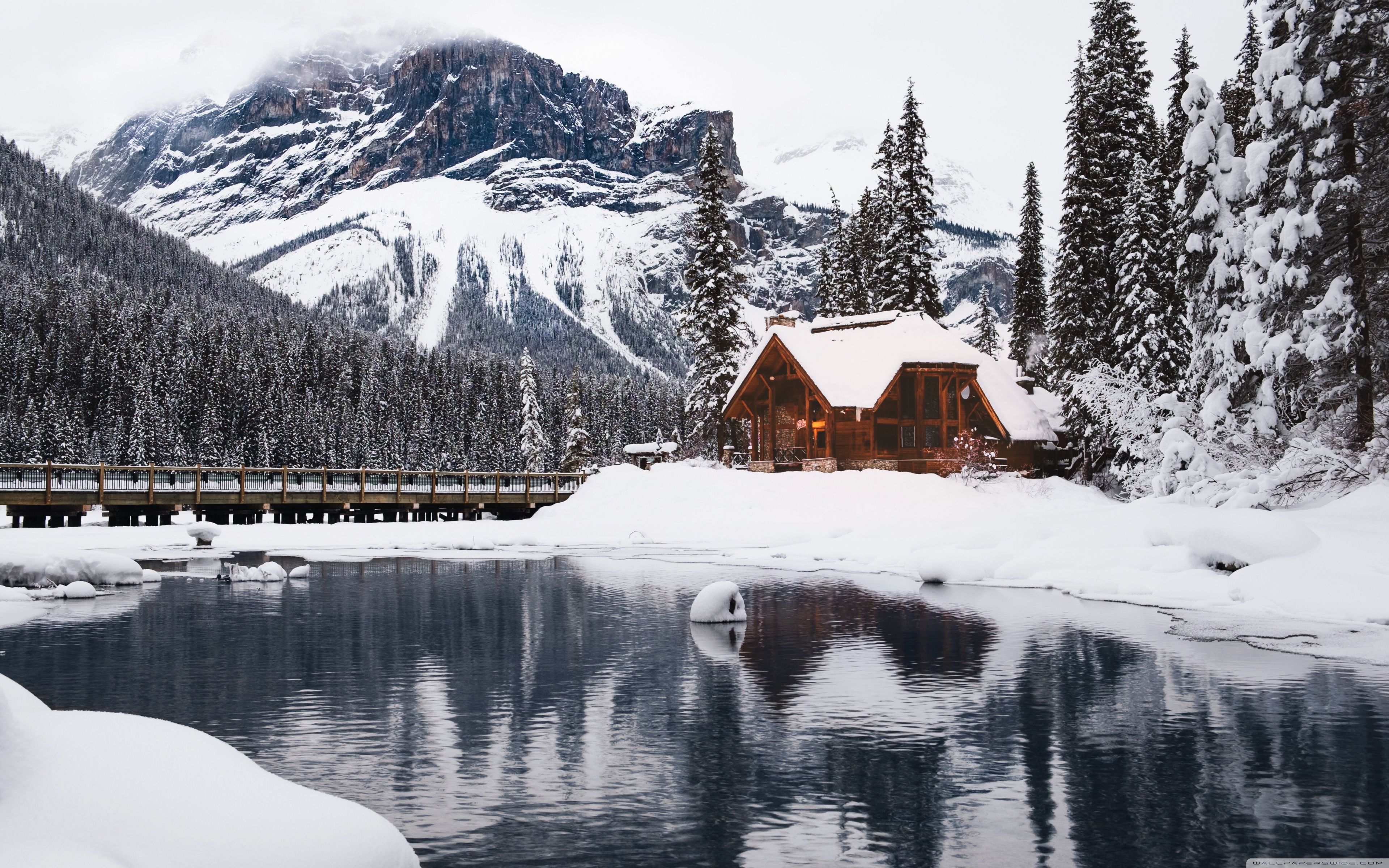 3840x2400 Rustic Cottage, Lake, Mountain, Winter, Snow Ultra HD Desktop Background Wallpaper for 4K UHD TV : Widescreen & UltraWide Desktop & Laptop : Tablet