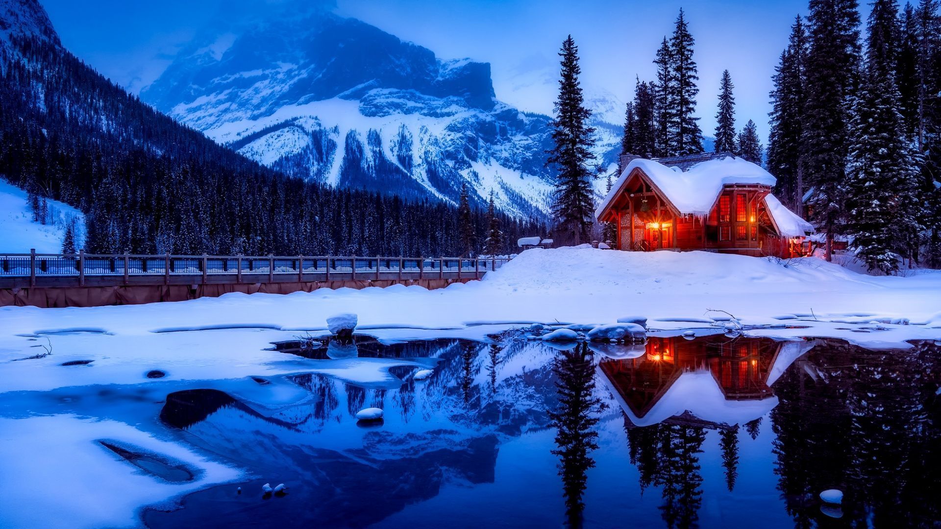 1920x1080 Desktop Wallpaper Unset Dusk, Lake, Cabin, Mountains, HD Image, Picture, Background, Hxu3ae
