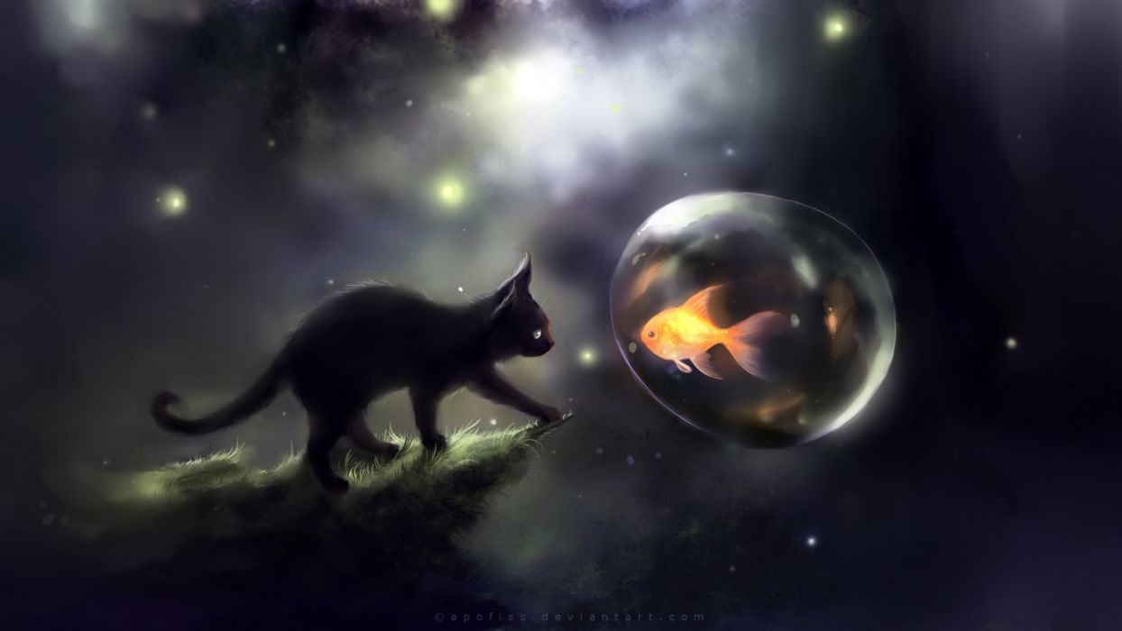 1244x700 Apofiss art cats fishes space sci fi wallpaperx1080