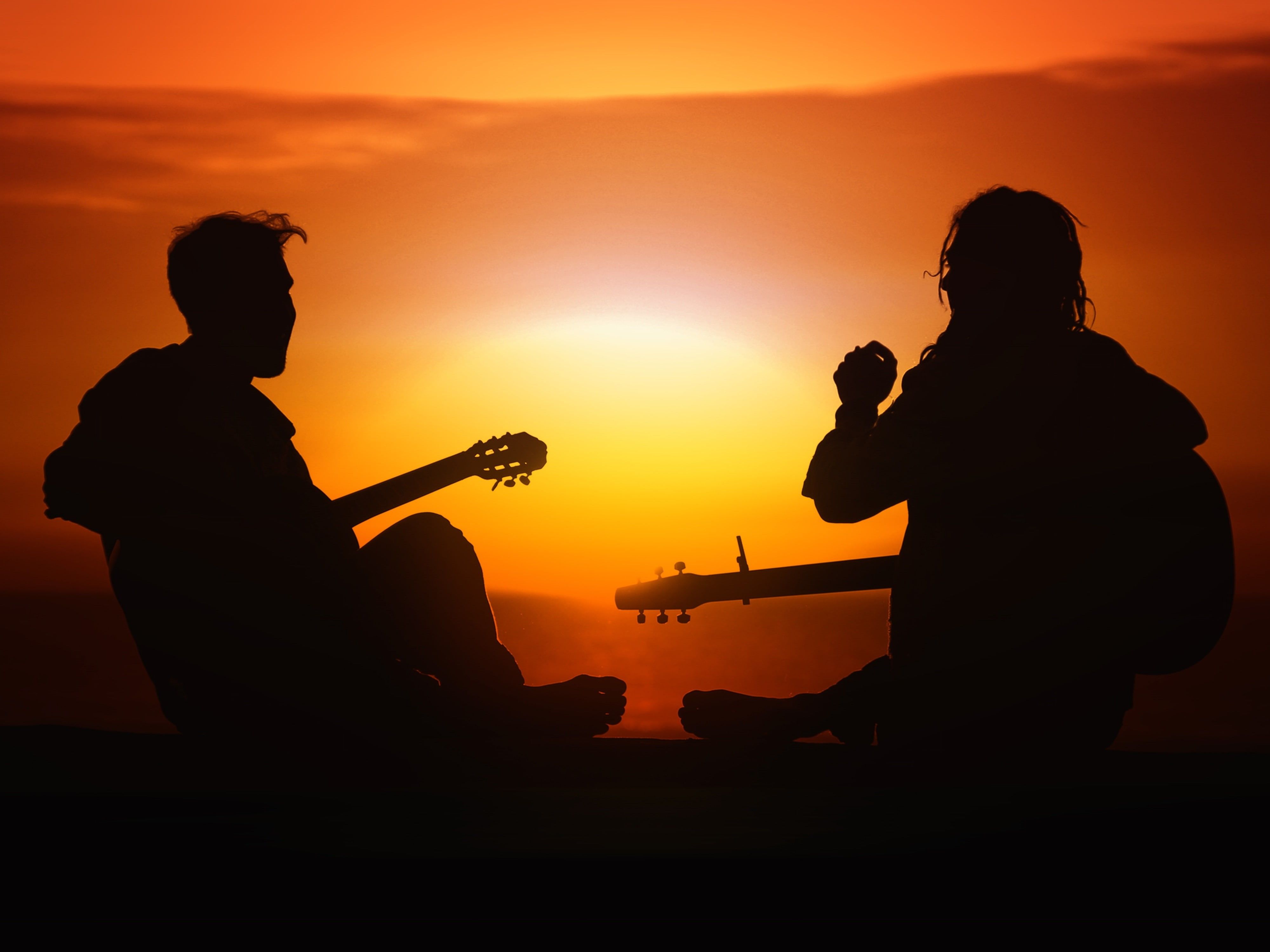 4000x3000 Wallpaper / 4K, silhouette, young people, sunset, music, joy, satisfaction, orange, boy, young, sun, guitar, people free download