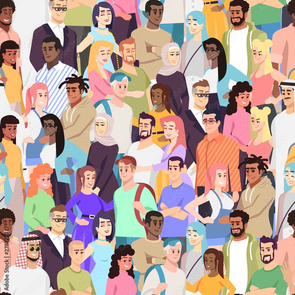1000x1000 Multicultural diversity vector seamless pattern. Multiethnic community members. Different nations representatives in crowd. Caucasian, arabian, african cheerful young people. Wallpaper design Stock Vector