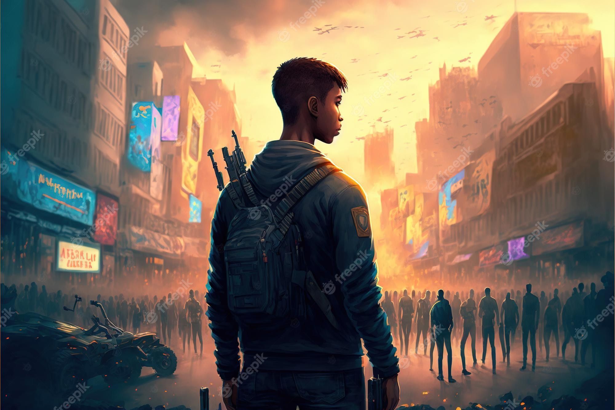 2000x1333 Premium Photo. Young man with gun looking at crowd of people in apocalyptic city digital art style illustration painting fantasy concept of a young man in apocalyptic city