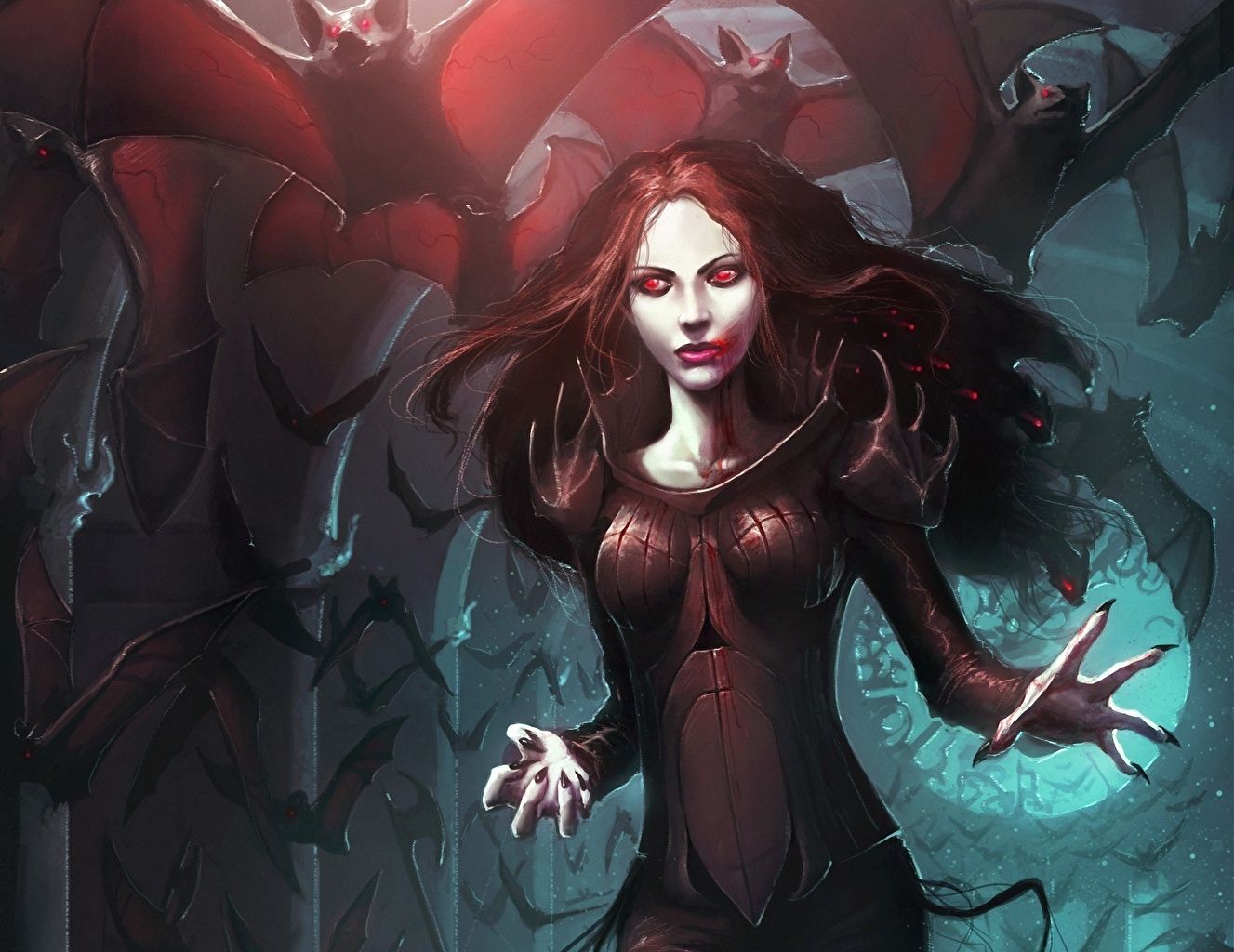 1327x1024 Wallpaper Bats Vampires Blood Girls Fantasy