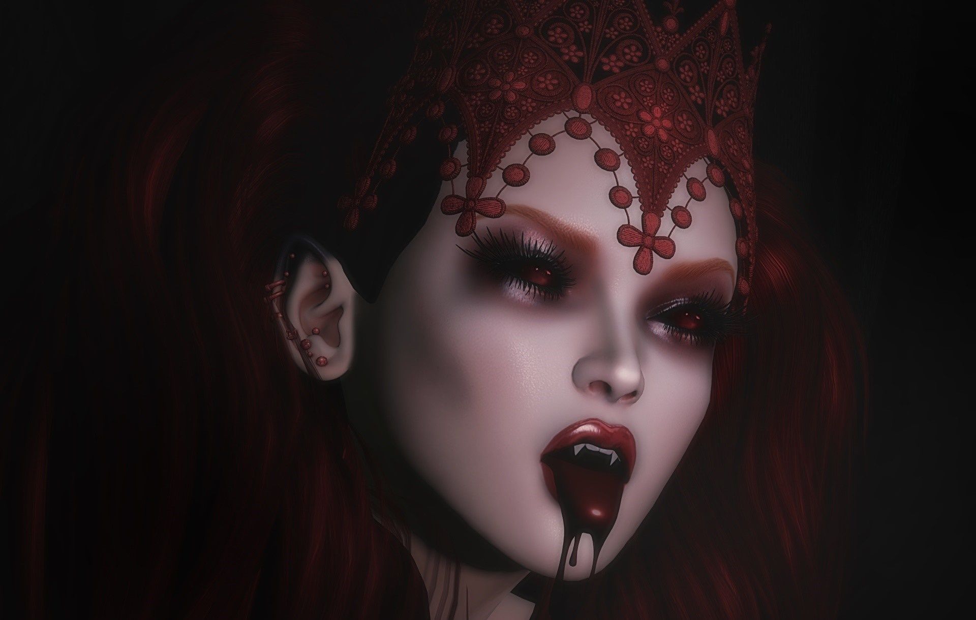 1920x1220 face, portrait, fantasy art, fantasy girl, red, vampires, emotion, head, color, beauty, eye, darkness, computer wallpaper, organ Gallery HD Wallpaper