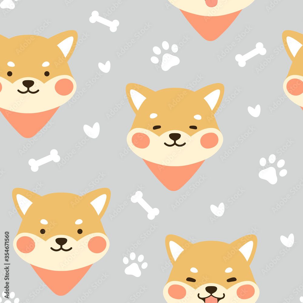1000x1000 Dog Seamless Pattern Background, Happy shiba inu with dog paw and bone, Cartoon Shiba Dog Vector illustration, scandinavian wallpaper background Stock Vector