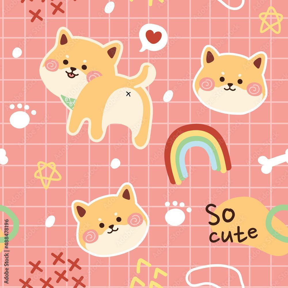 1000x1000 Seamless Pattern Of Cute Shiba Inu On Pink Background Hand Drawn.Cartoon Animal Doodle.Kawaii Style.Japanese Dog.T Shirt Print Design For Kids.Image For Card, Poster, Wallpaper, Banner.Vector.Illustratio Stock Vector