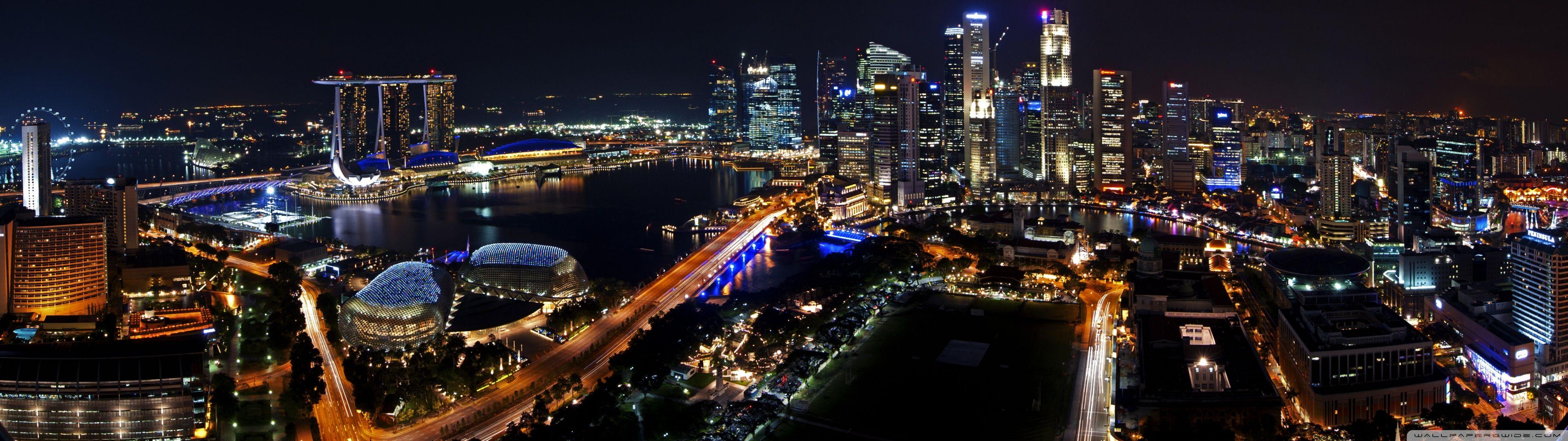 3840x1080 Singapore Night Panorama ❤ 4K HD Desktop Wallpaper for • Dual