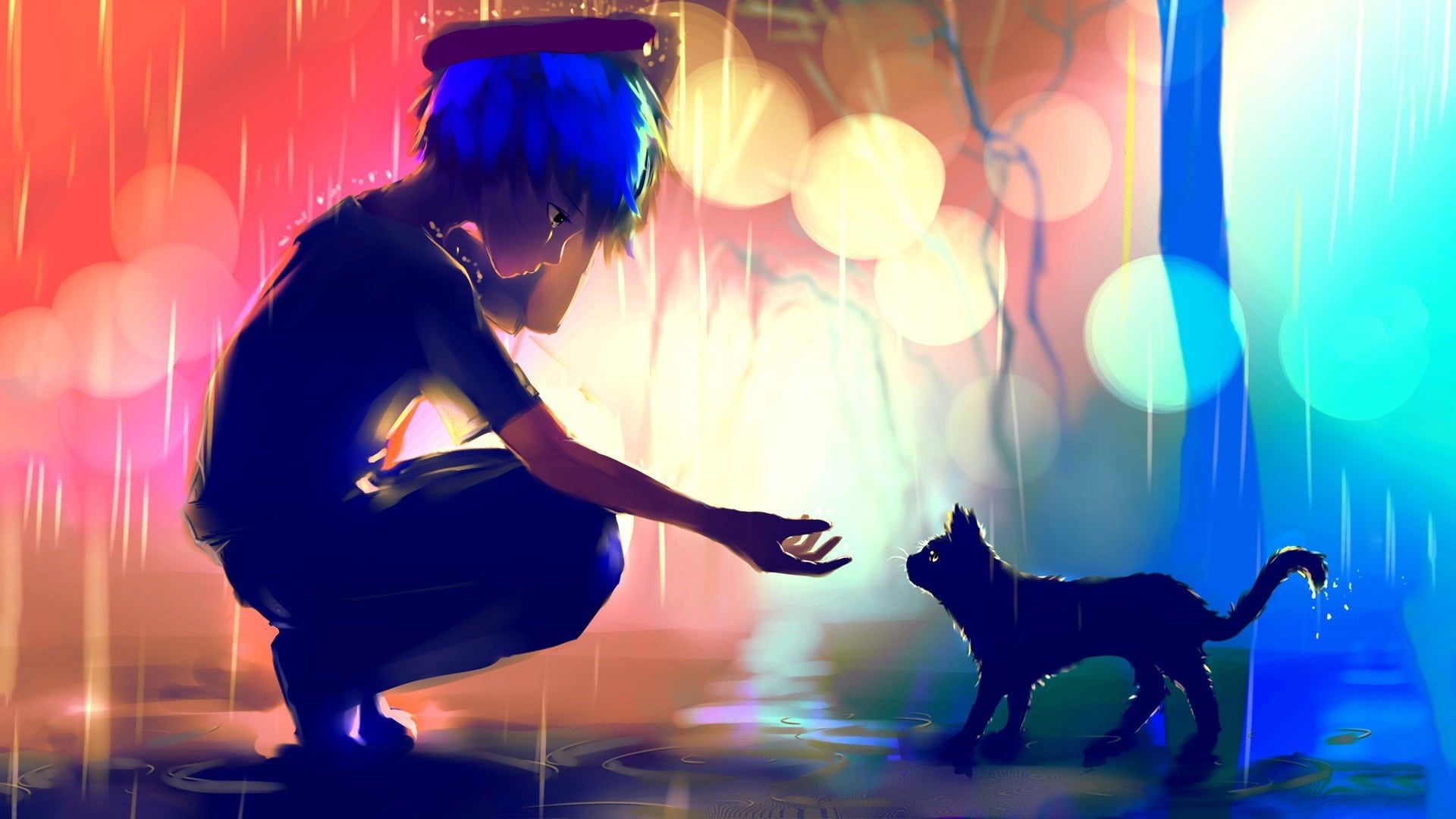 1920x1080 Boy In The Rain About To Hold The Cat Digital Wallpaper, Blue Haired Anime Boy Painting