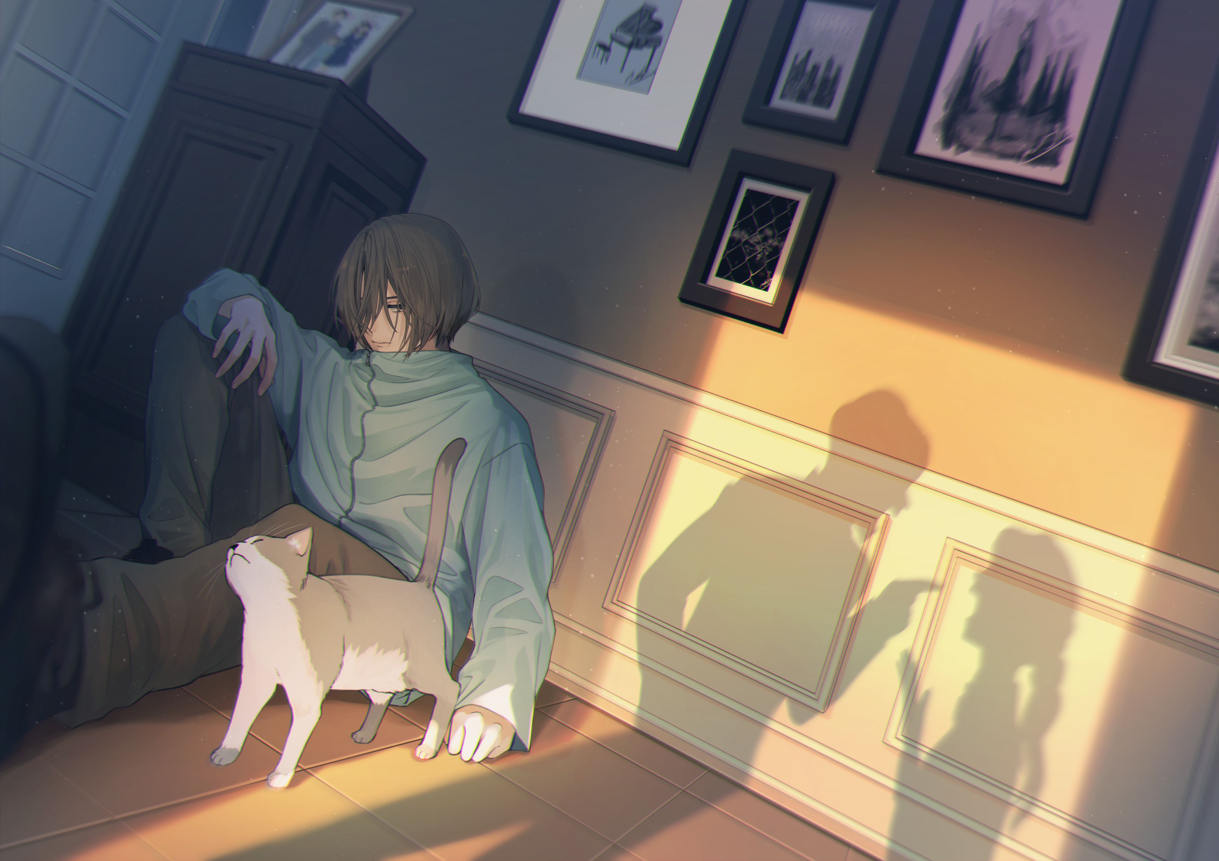 4093x2894 HD desktop wallpaper: Anime, Cat, Boy download free picture