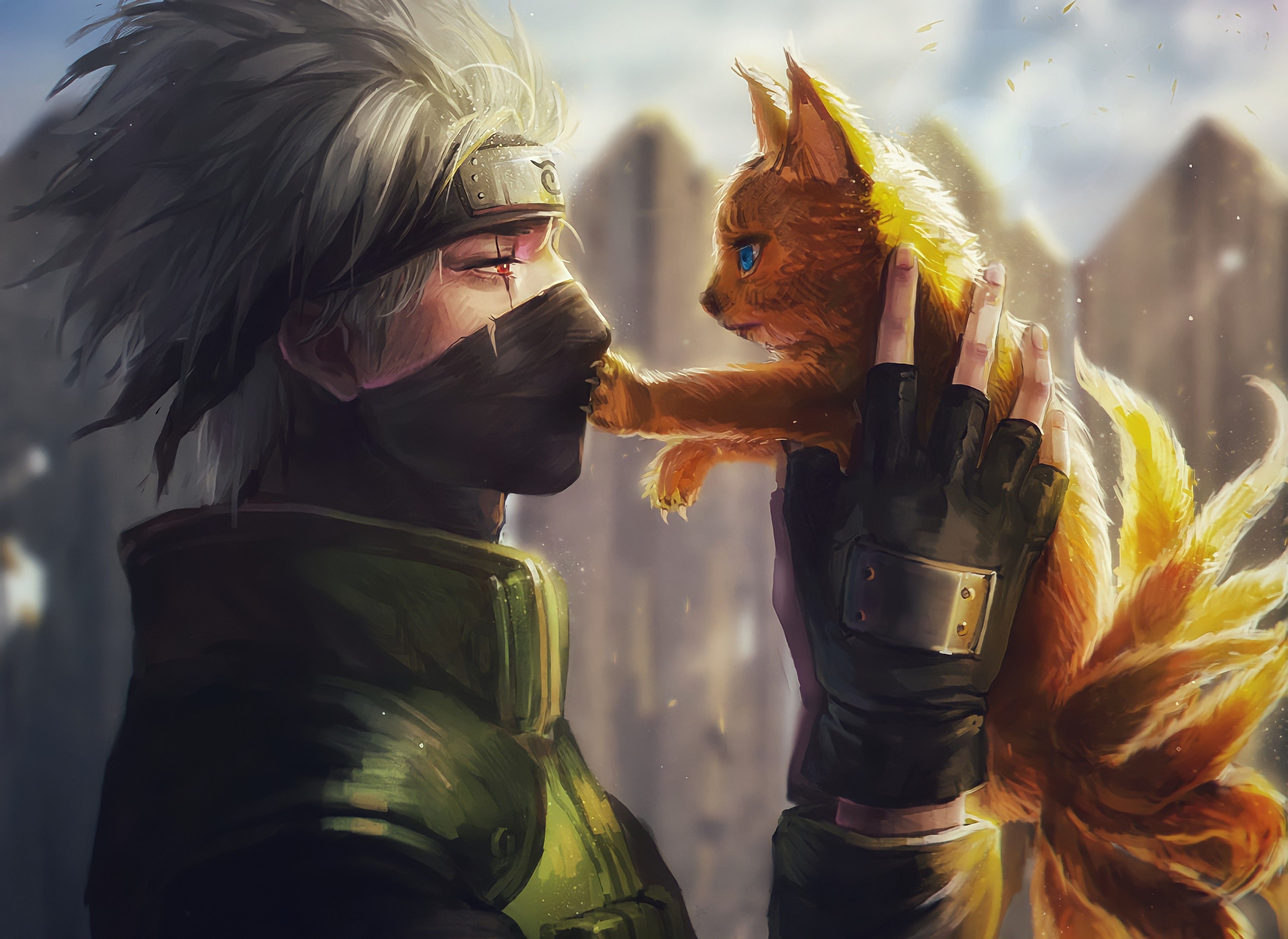 3840x2800 Naruto Anime Hatake Kakashi Nine Tails Anime Boys Mask Cats Headband Ninjas Anime Animals Wallpaper:3840x2800