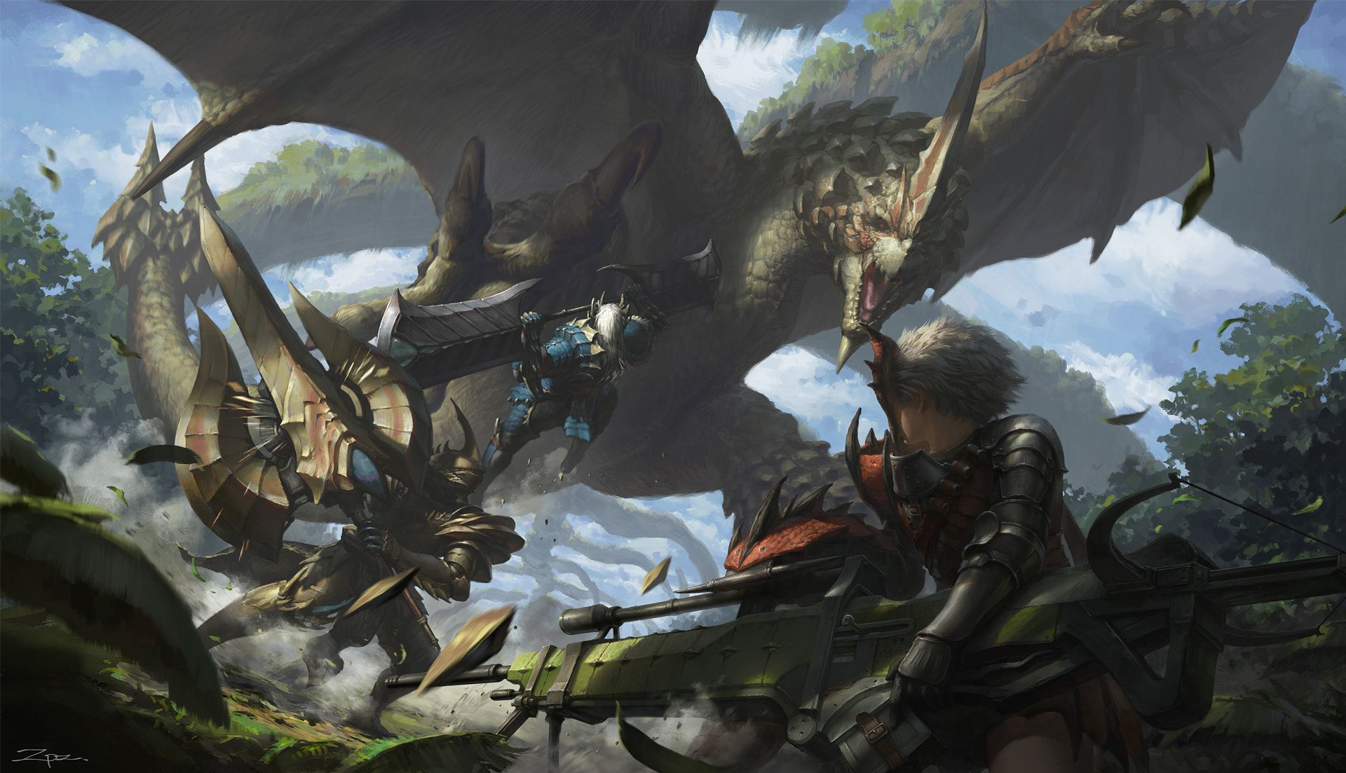 1920x1103 Digital Art Landscape Pengzhen Zhang Monster Hunter Dragon Charge Blade Heavy Bowgun Insect Glaive Wallpaper:1920x1103