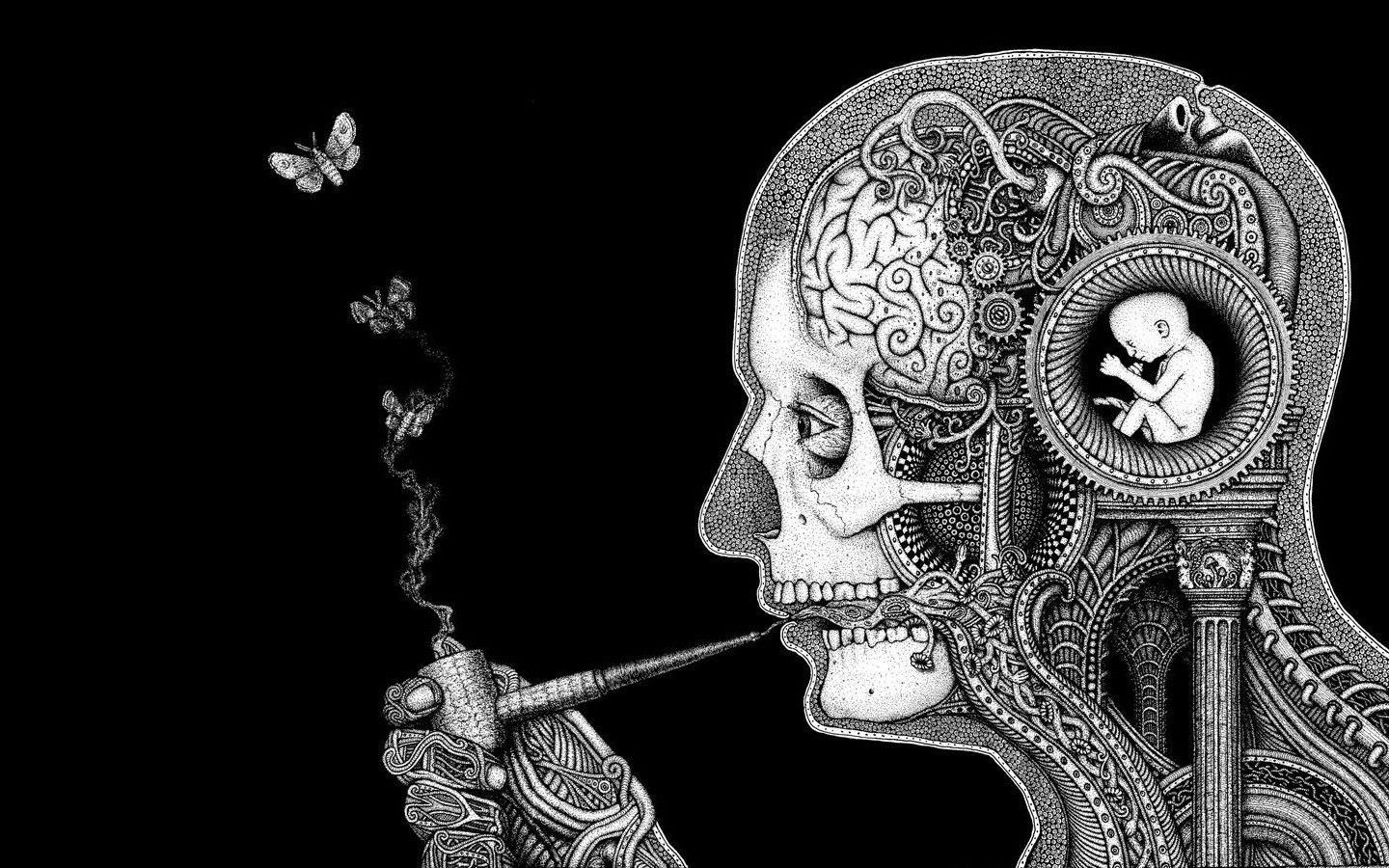 1440x900 brain, Soen (Artist), black background, pipes, psychedelic, drawing, artwork, simple background, anatomyx900 Wallpaper