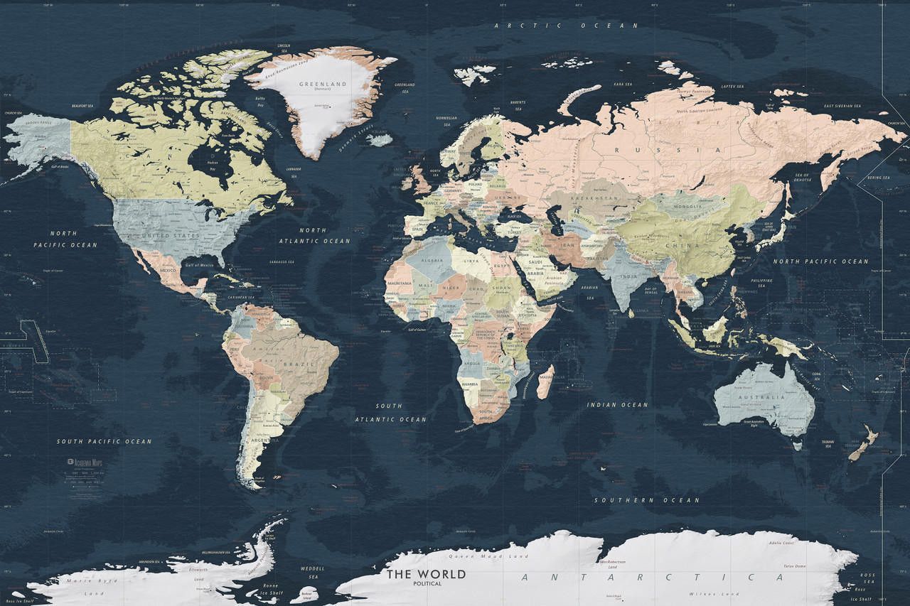 1280x853 Dark Navy Ocean World Political Map Mural Peel & Stick Removable Wallpaper Map. World Maps Online