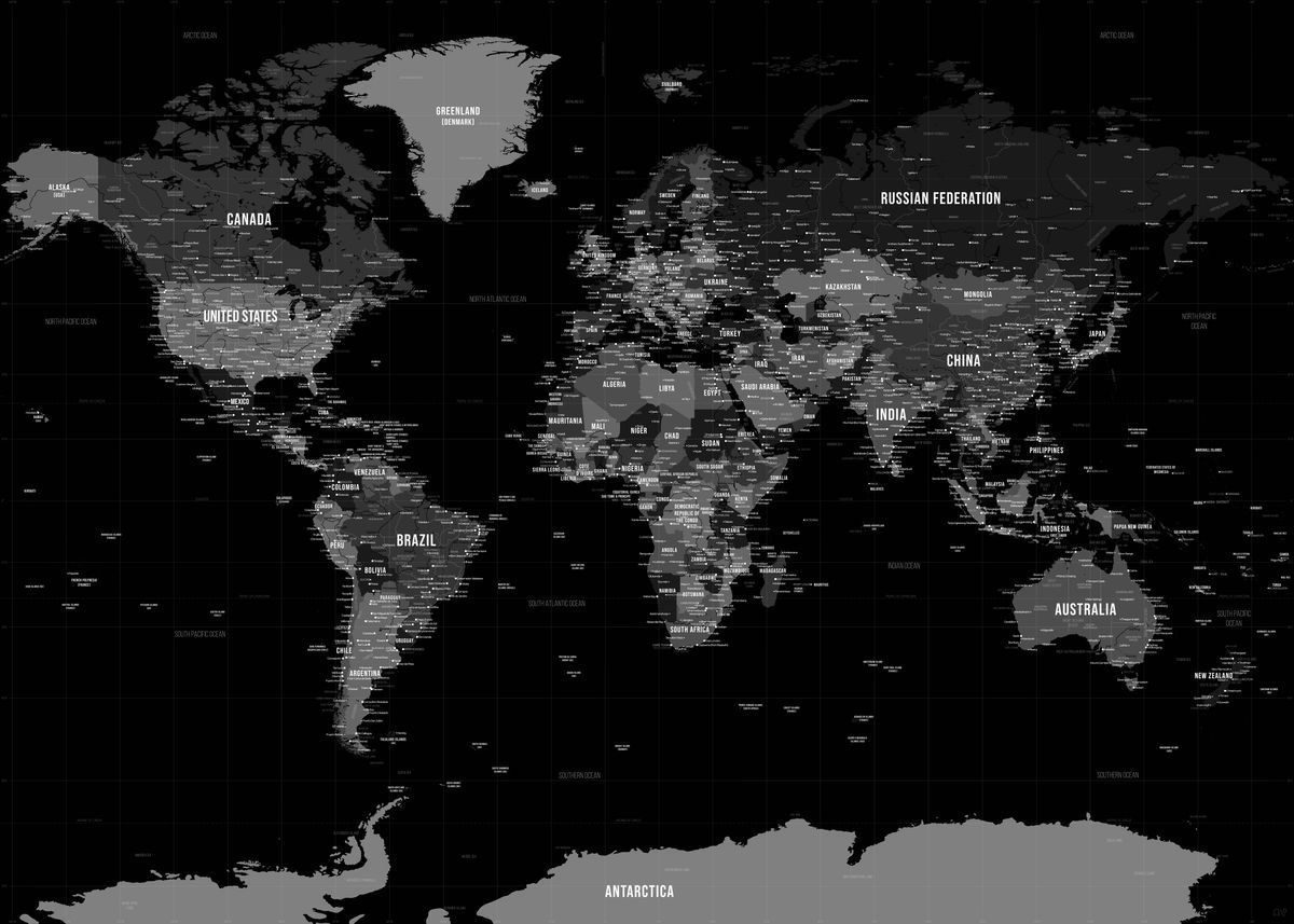 1200x857 Black World Map' Poster