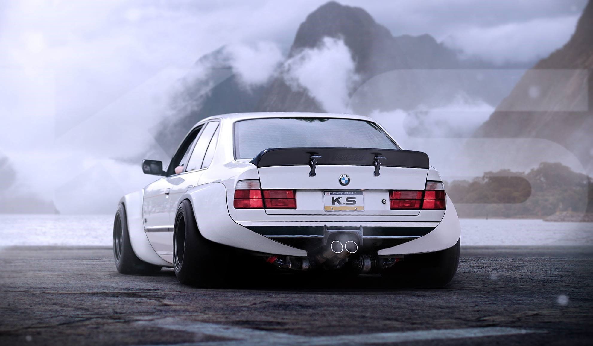 1982x1156 Khyzyl Saleem, car, BMW E BMW 5 Series, vehicle, white cars, widebody, render, BMW, digital art Gallery HD Wallpaper