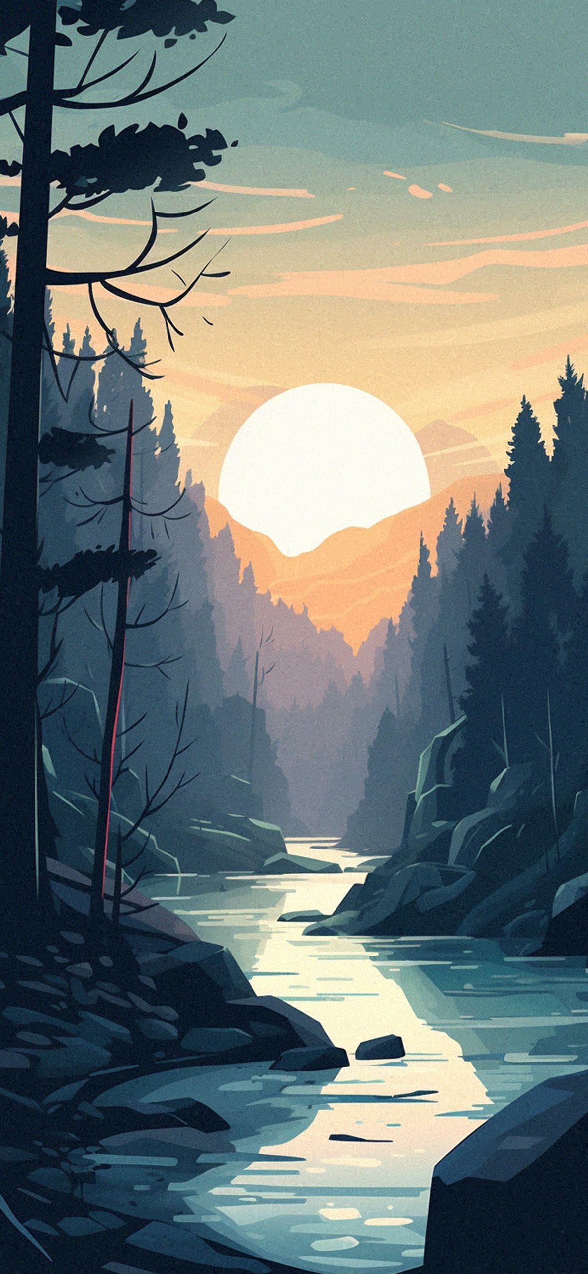 1183x2560 River in the Mountains & Sun Wallpaper Wallpaper 4k