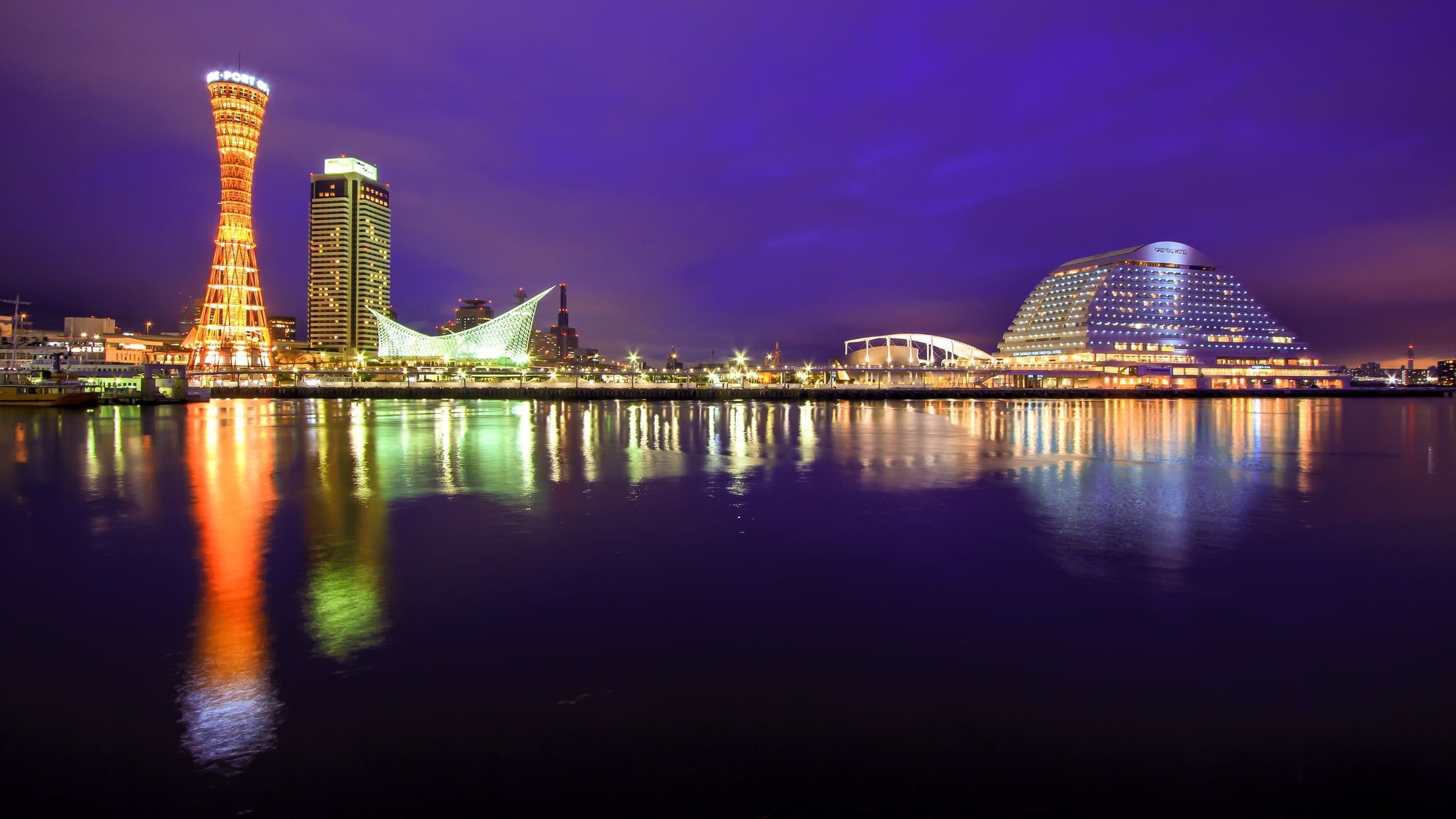 2048x1152 Wallpaper / outdoors, water, lights, building, modern, port, Kobe, cityscape, waterfront, 1080P, night, city, Honshu, Japan, the sky, lighting, reflection, nature free download
