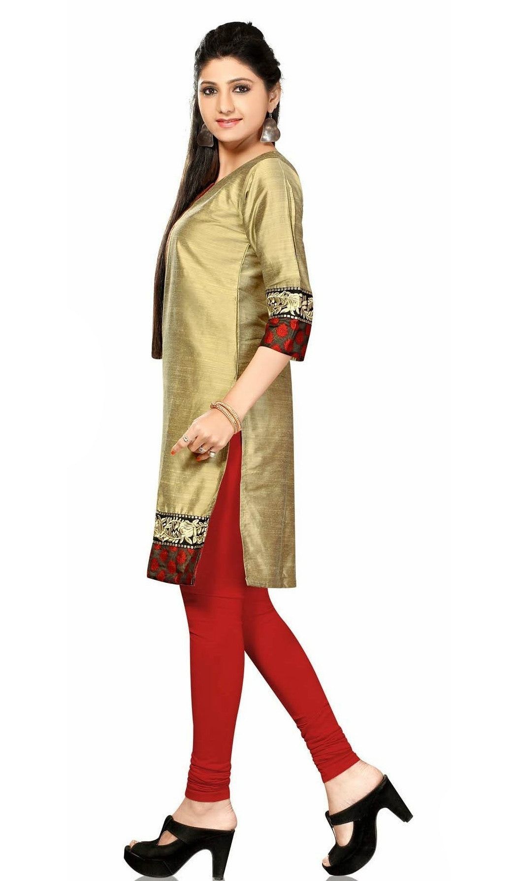 1050x1788 Golden Stylish Cotton Silk 3 4 Sleeves Kurti With Red Dots Border