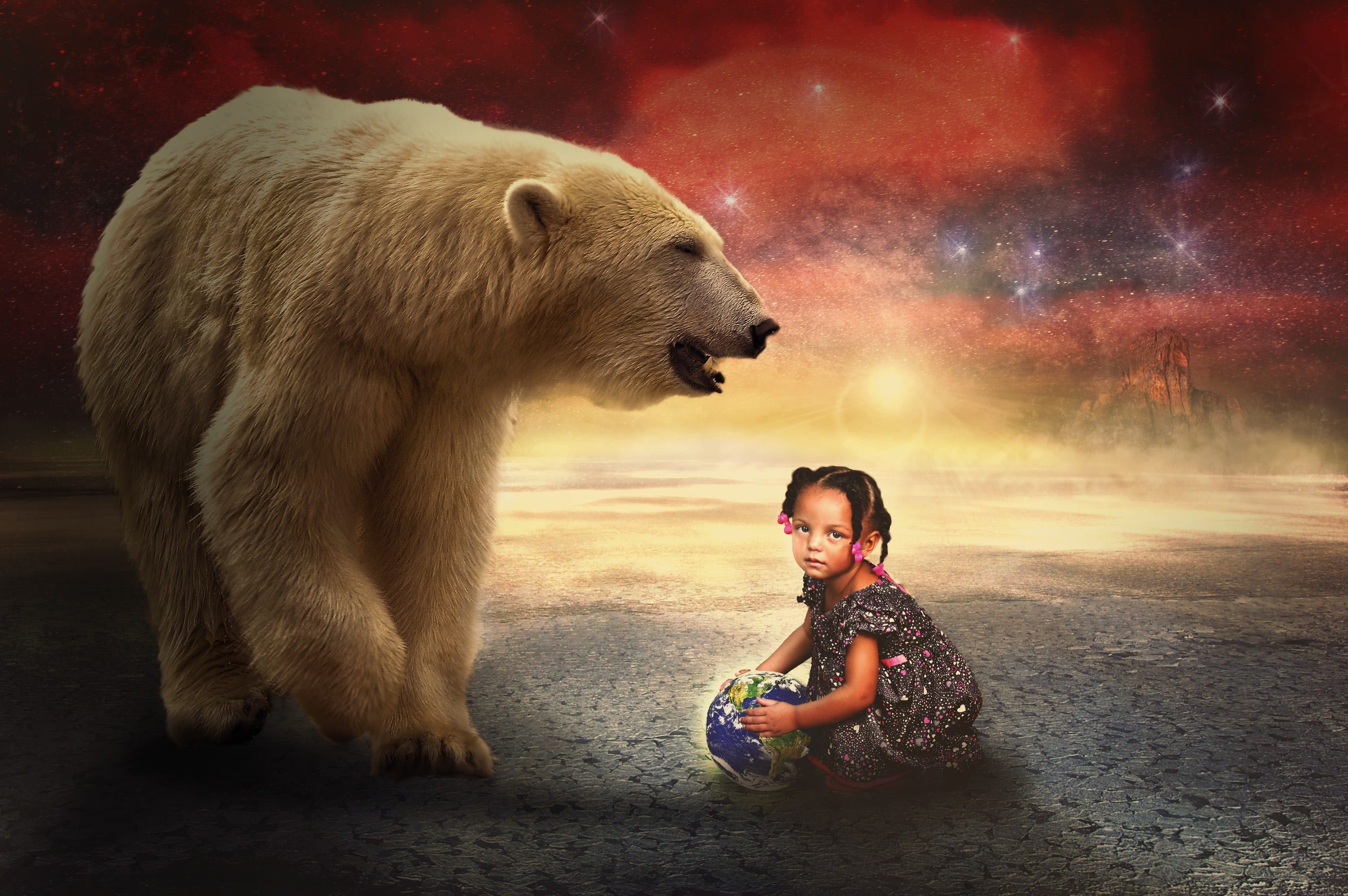 3008x2000 Wallpaper / ice, women, fairy tales, photo montage, girl, romantic, fog, landscape, one animal, polar bears, side view, looking, composing, 2K, ball, emotion, polar free download