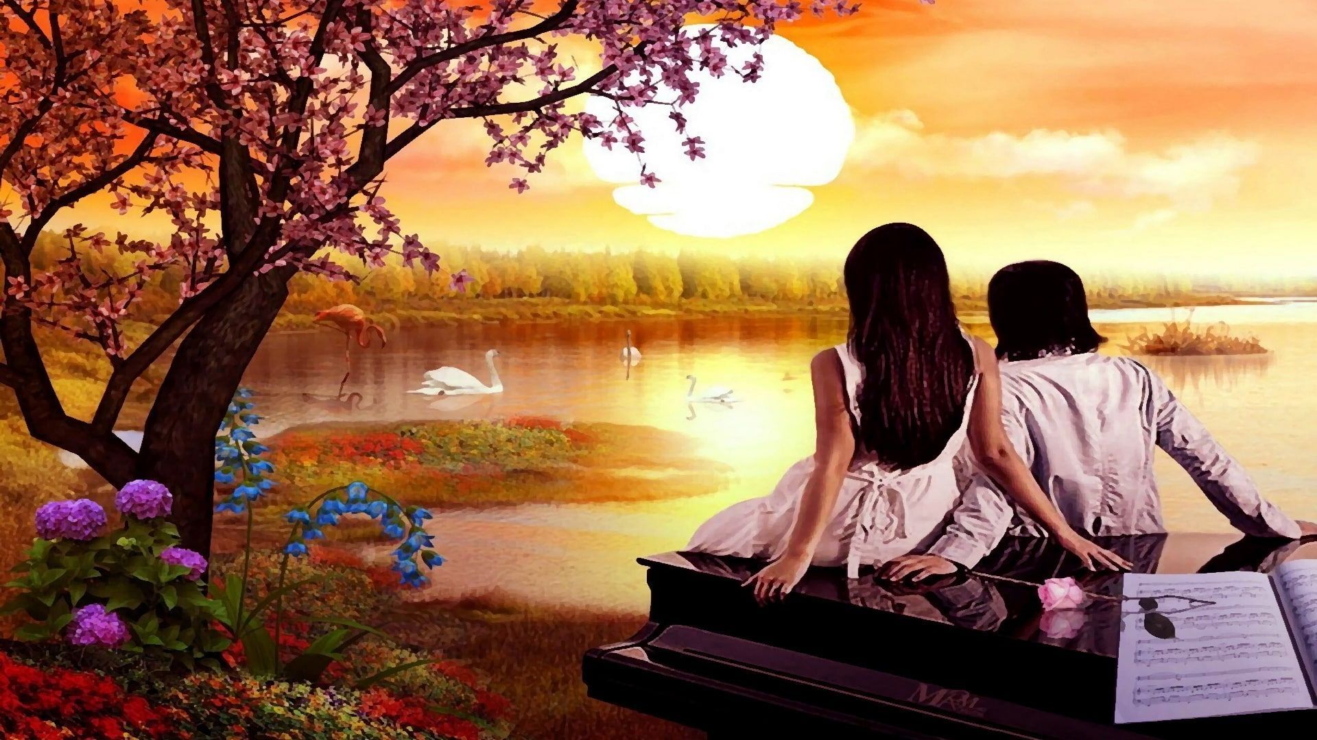 1920x1080 Wallpaper / girl, happiness, love, lovers, sunset, piano, romantic scenery, evening, friendship, 1080P, lake, spring, loving couple, couple, romance free download