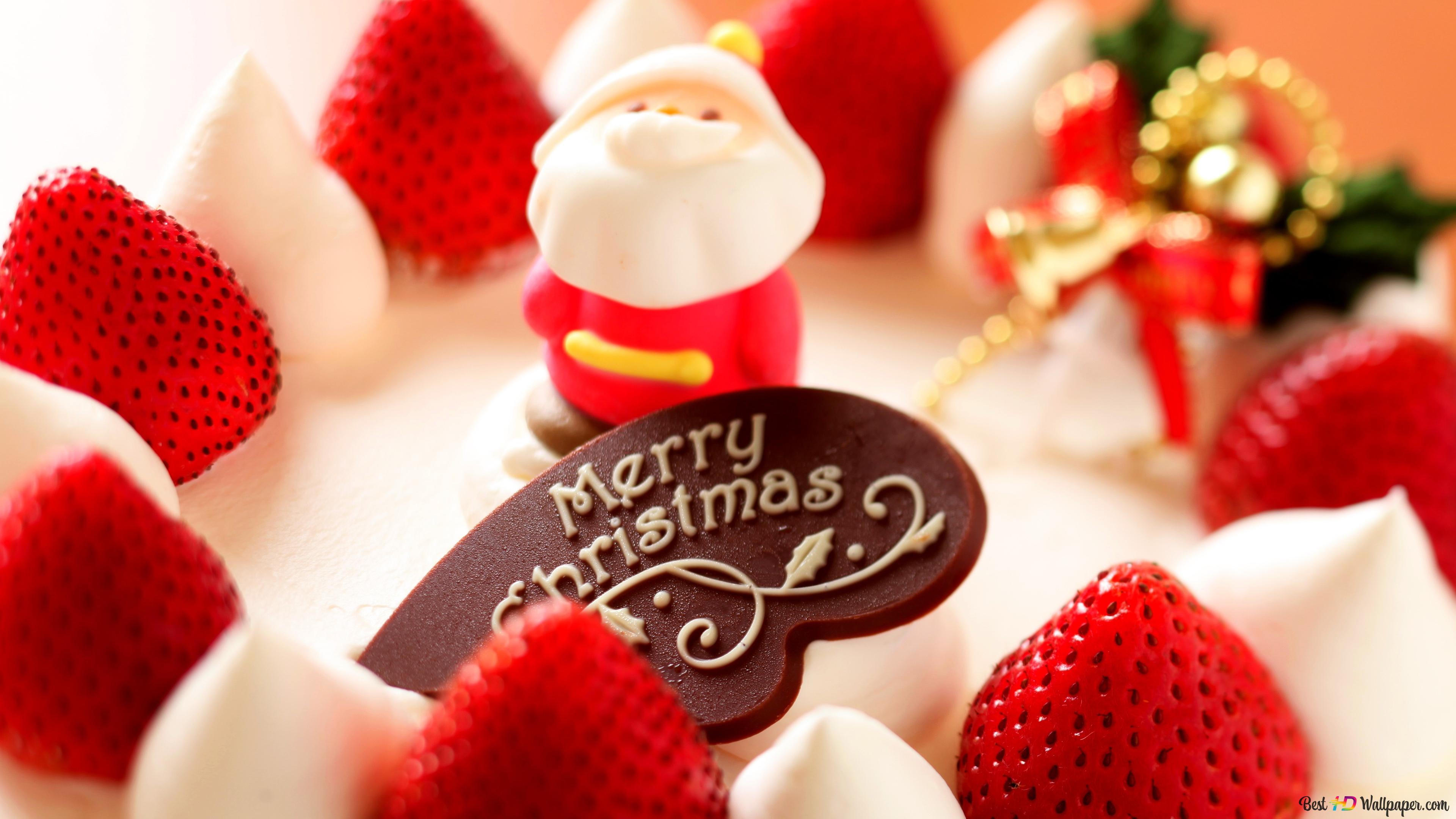 3840x2160 Christmas Strawberry cake with Santa Claus Cookie 4K wallpaper download