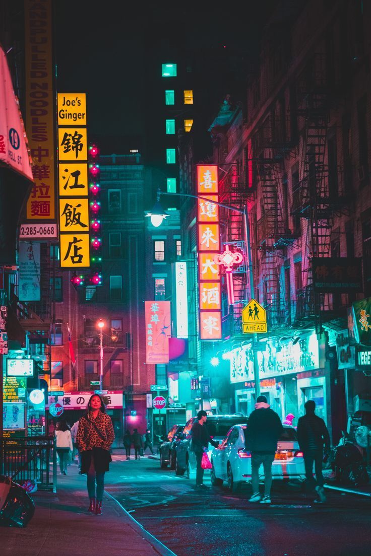 736x1104 people walking on street #chinatown #shop #district #chinese neon sign night photography neon lig. City lights at night, New york painting, Night city photography