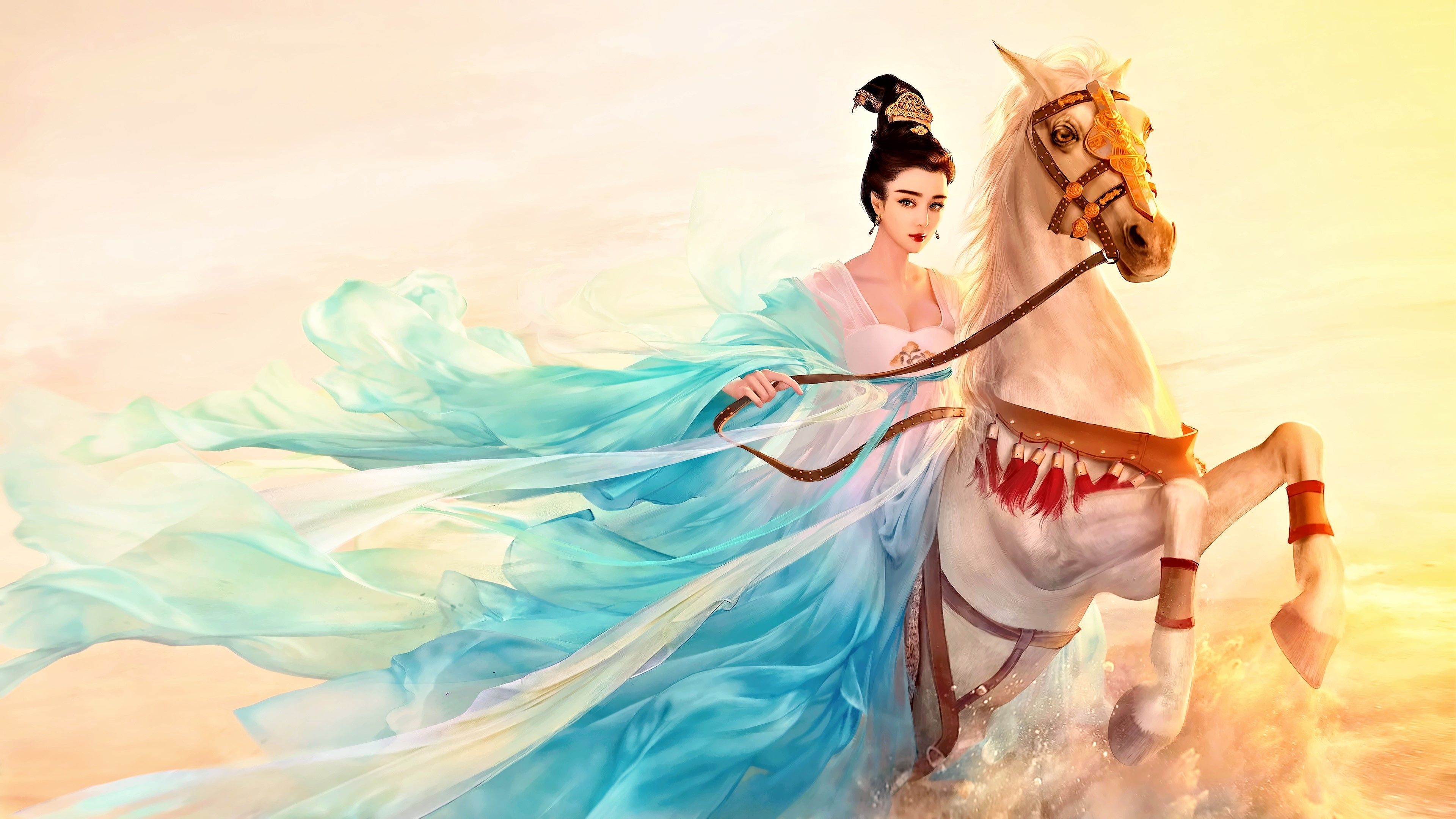 3840x2160 4K, face, Chinese, science fiction, fantasy girl, fan art, concept art, painting, fantasy art, digital art, Chinese clothing, women, artwork, people, closeup, China, portrait, realistic, CGI, long hair, Asian