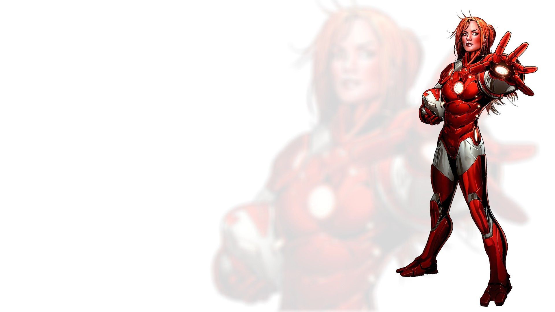 1920x1080 women, Pepper Potts, Rescue, redhead, standing, artwork, Iron Man, comics, armor, simple background, white background, helmetx1080 Wallpaper