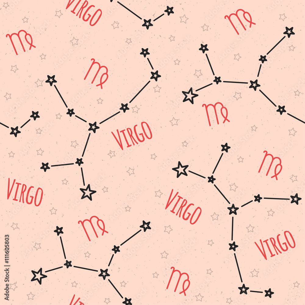 1000x1000 Seamless vector pattern. Background with the image of constellation Virgo zodiac sign on a sandy beige background with star. Pattern for design packaging, design brochures, printing on textiles Stock Vector