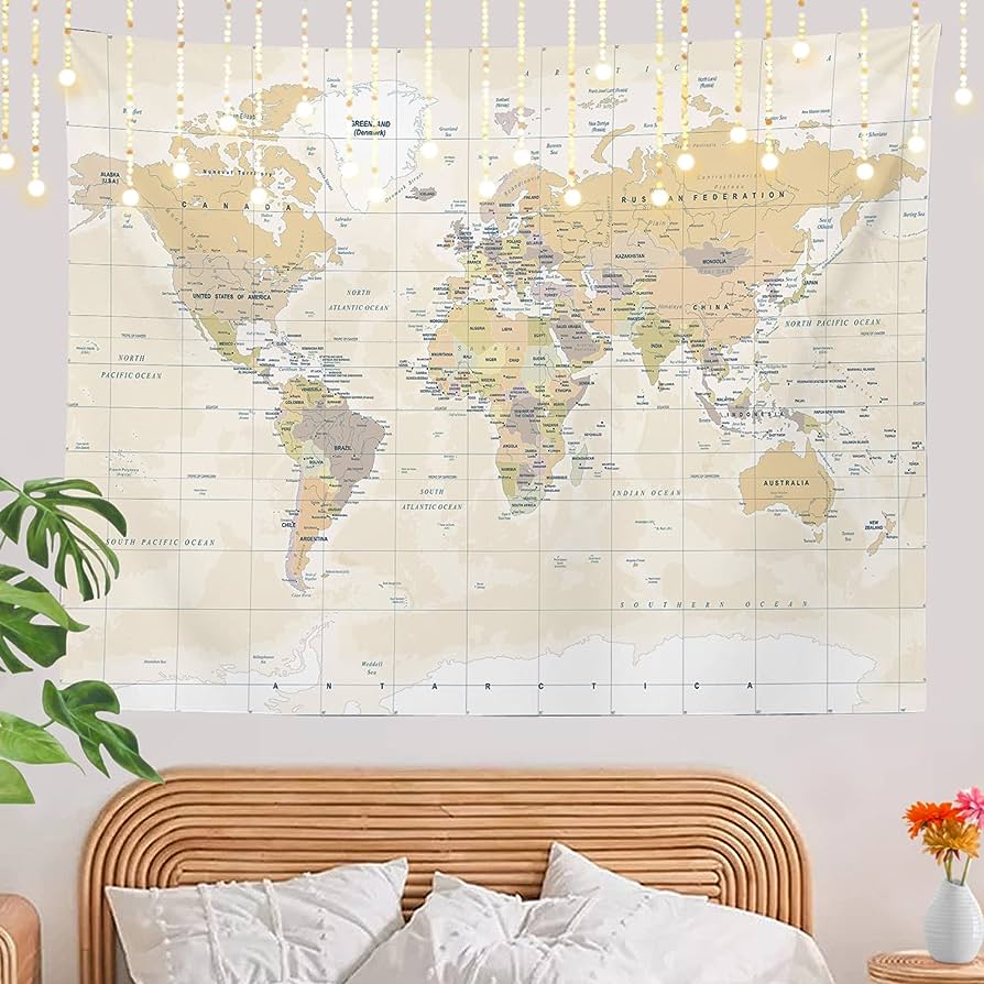 894x894 Shrahala World Map Tapestry Wall Hanging for Kids Student, Vintage Colorful Asia Usa Global White Beige Educational Tapestry for School Classroom Dorm Room Bedroom 39.1 L x 59.1 W, White Beige