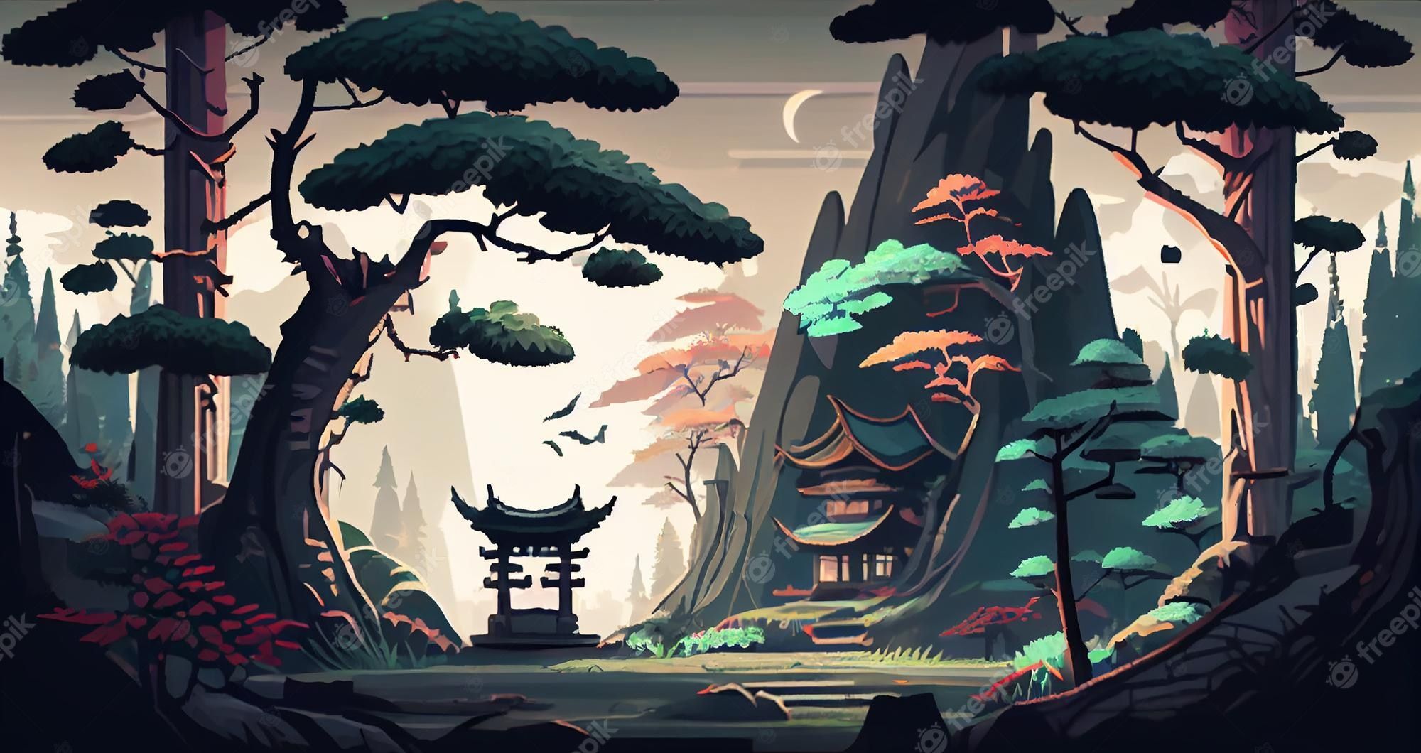 2000x1060 Premium Photo. Japan forest 2d background environment for a mobile game a high quality horizontal background landscape gaming template design location generative ai