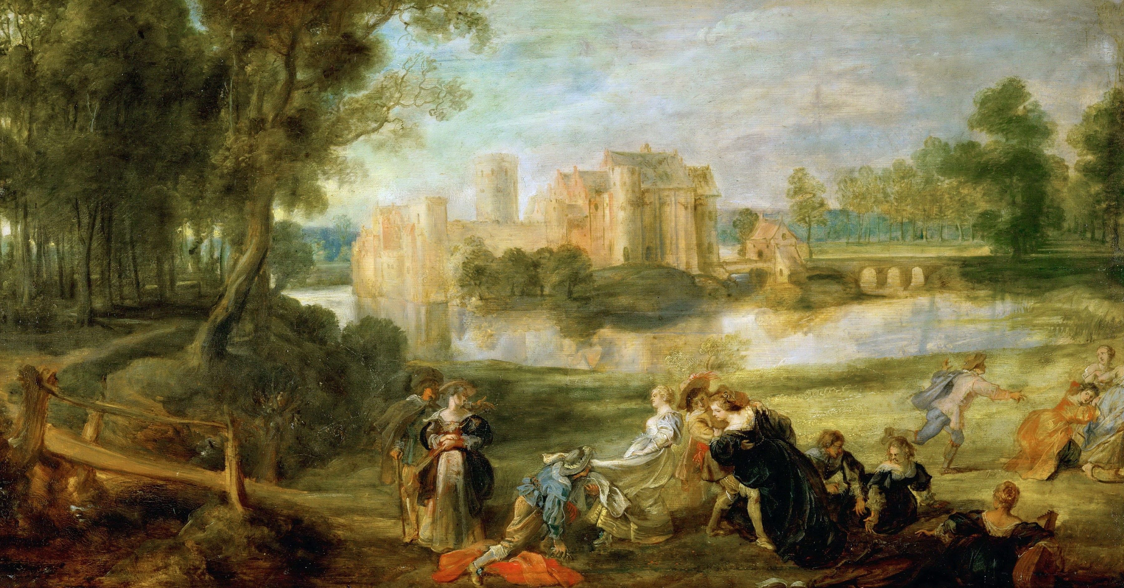 3600x1883 Wallpaper / people, Peter Paul Rubens, the bridge, Pieter Paul Rubens, picture, 2K, Landscape with Castle Walls and a Park free download