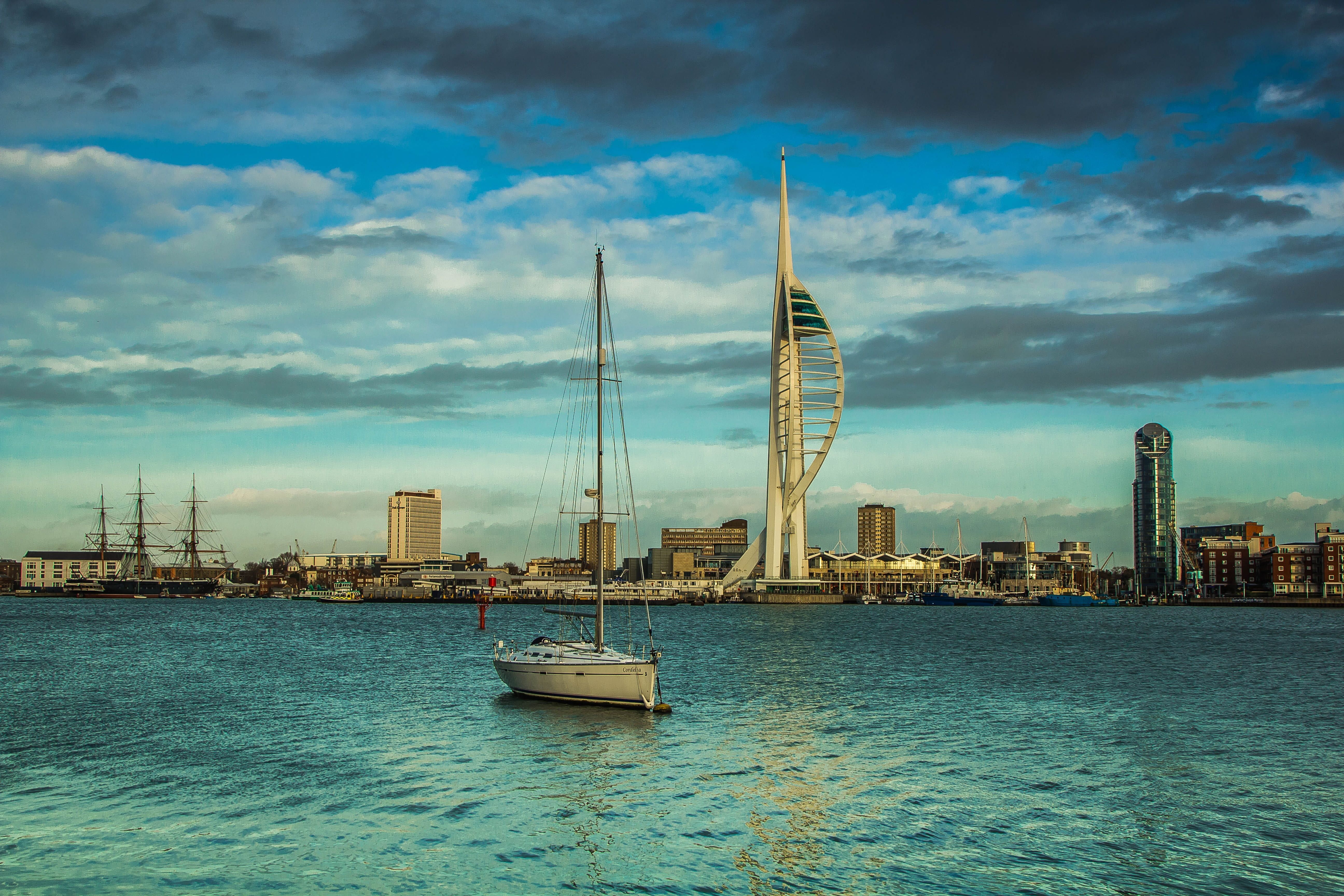 5184x3456 Wallpaper / Sea, built structure, panorama, portsmouth, building, architecture, of the sea, harbour, cityscape, cloud, Spinnaker Tower, transportation, 5K, mode of transportation free download