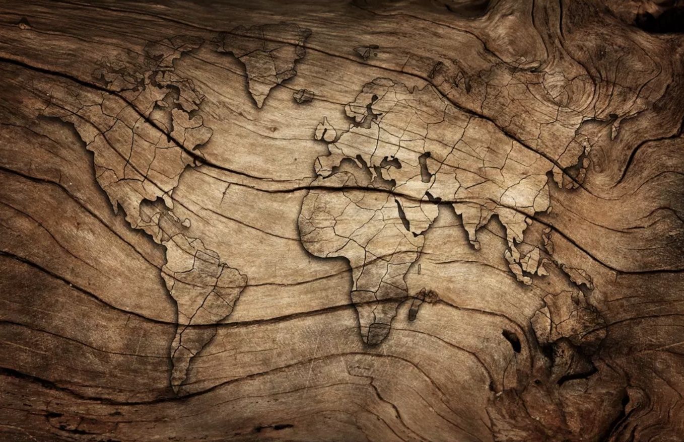 1358x878 Vintage Wood World Map Wallpaper Mural • Wallmur®