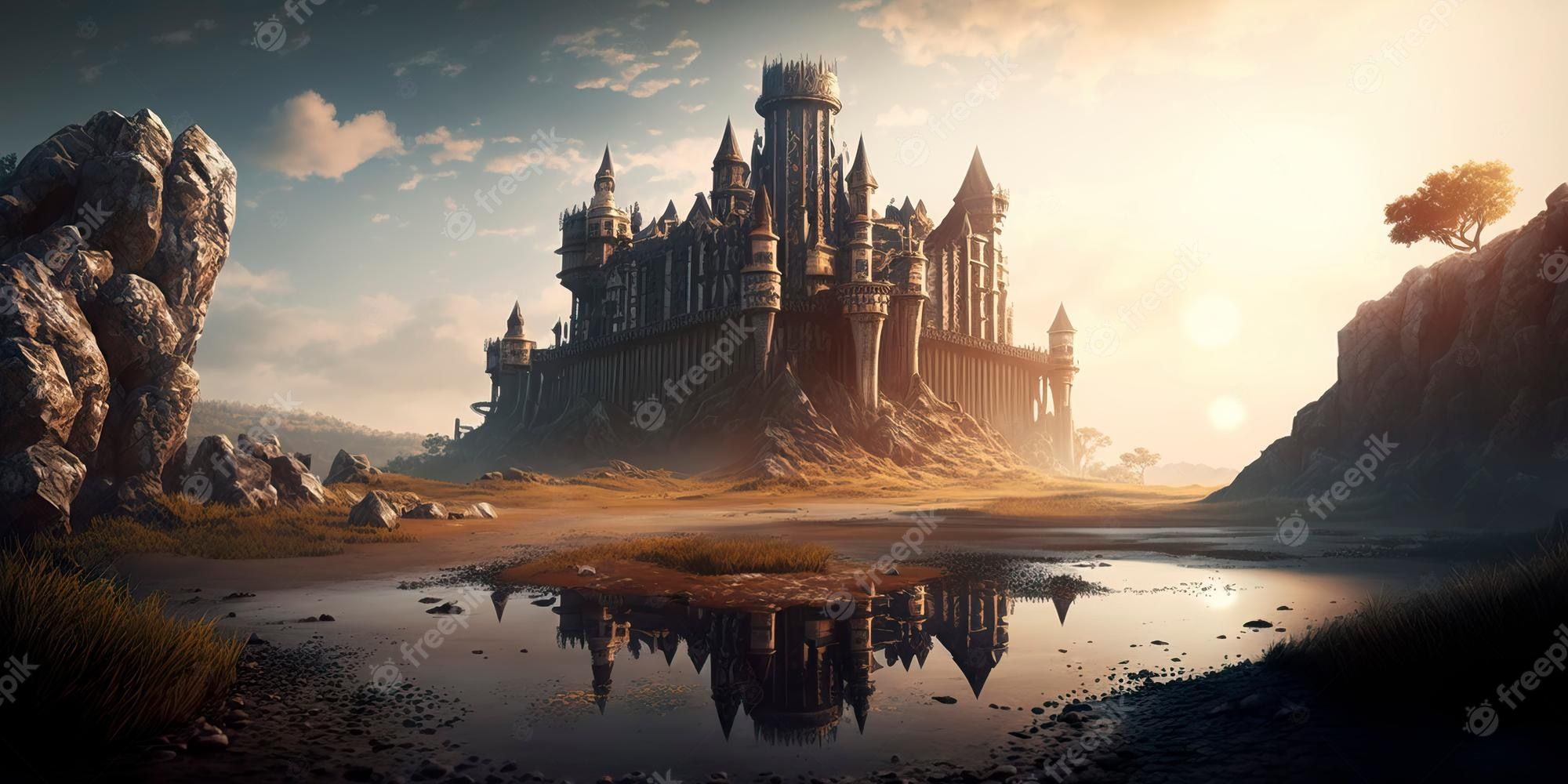 2000x1000 Premium Photo. Fantasy castle wallpaper mystical medieval kingdom generative ai