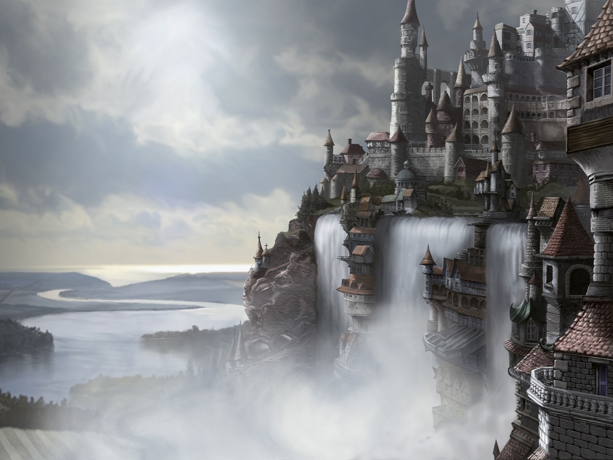2048x1536 waterfall, fantasy art, winter, Kingdom, Terrain, weather, screenshot, atmospheric phenomenon, computer Gallery HD Wallpaper