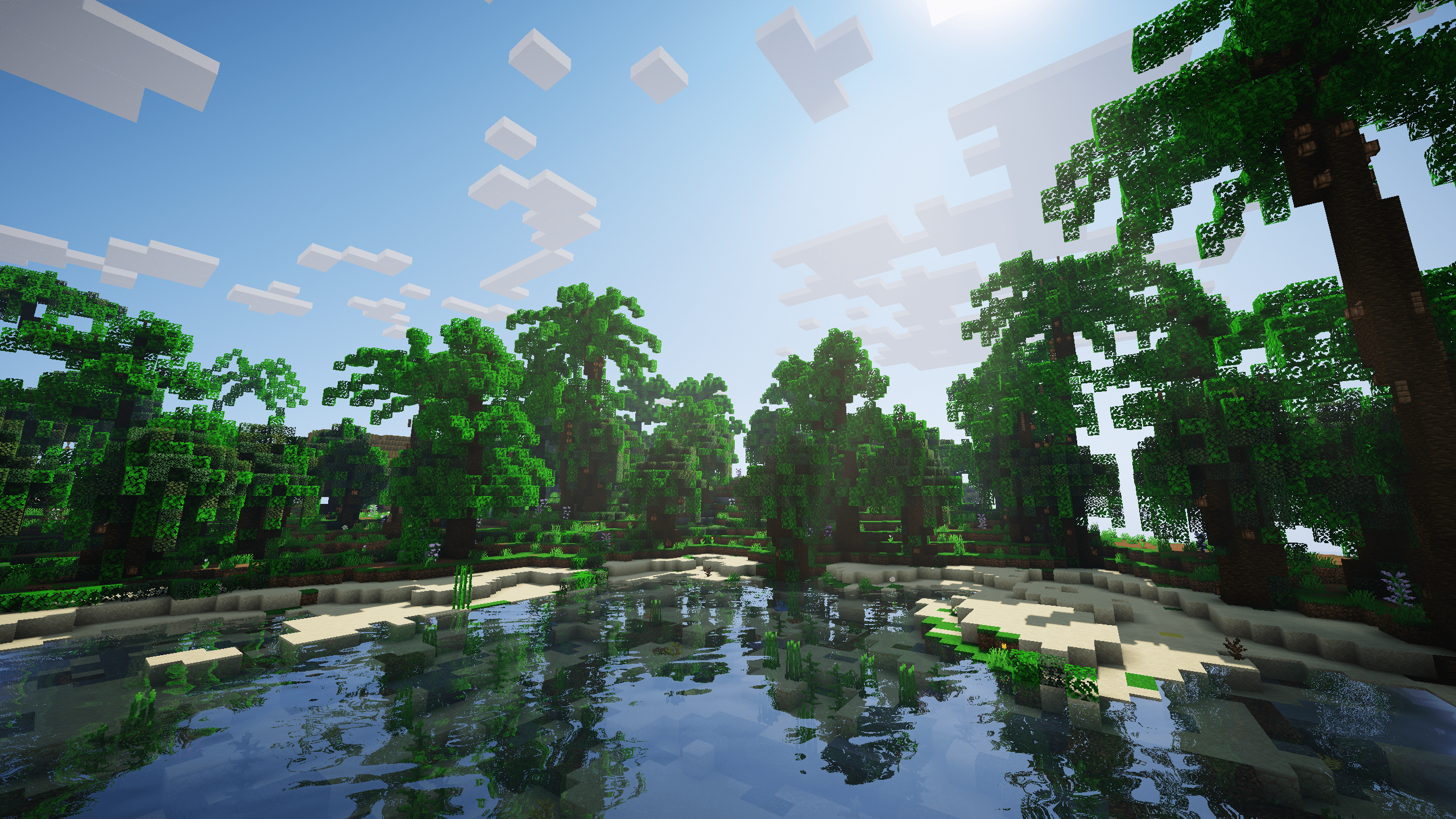2560x1440 Minecraft Forest Water Video Games Sky Clouds Reflection Trees Wallpaper:2560x1440