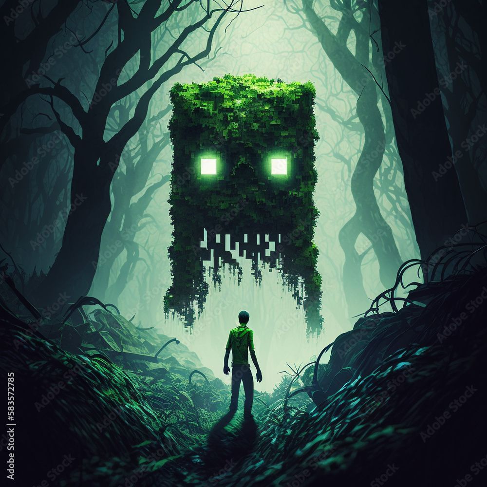 1000x1000 Minecraft creeper in creepy forest HD wallpaper Stock Illustration