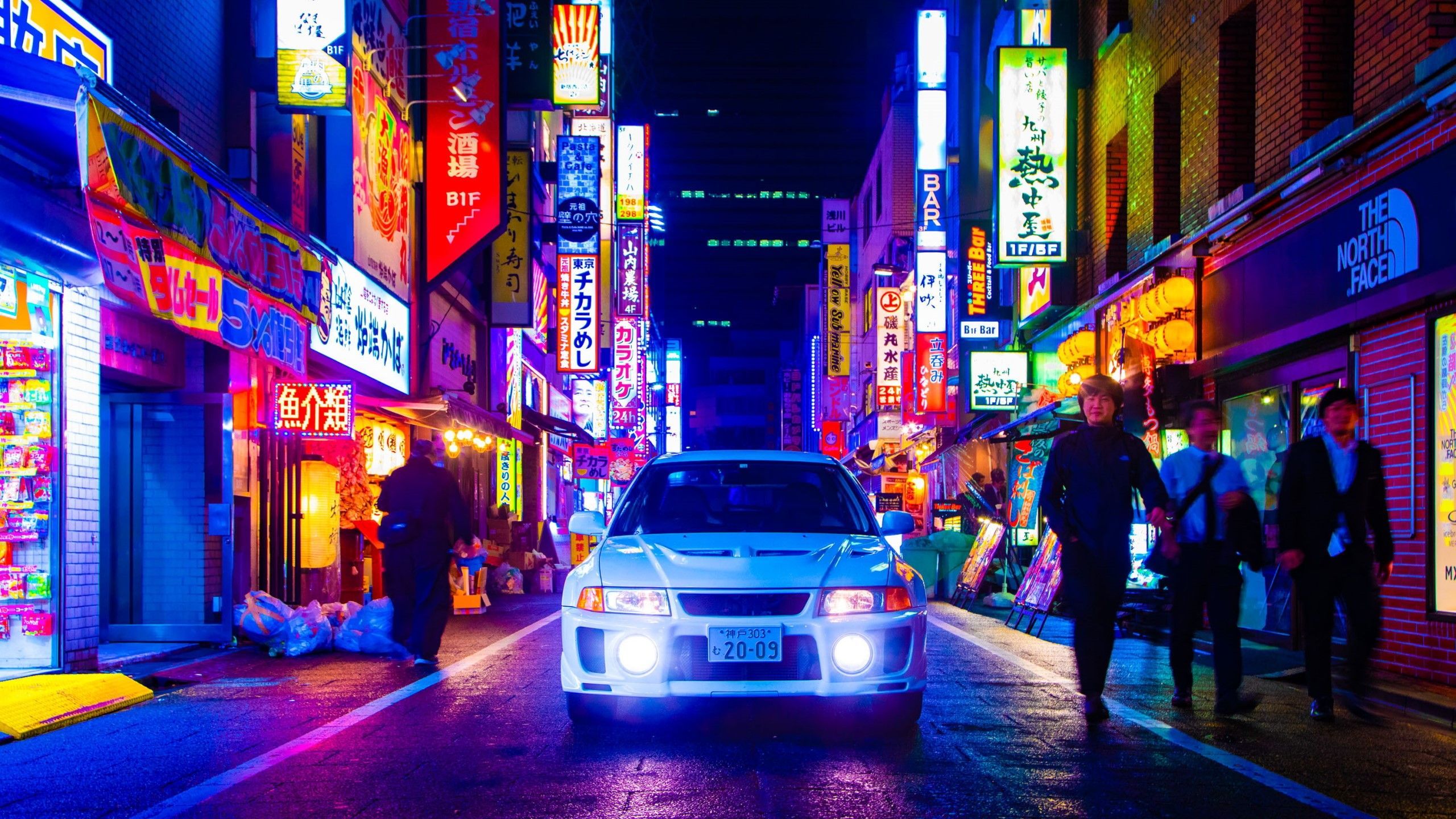 2560x1440 neon, frontal view, night, JDM, Headlights, Japan, white cars, city, Mitsubishi Lancer Evo V Gallery HD Wallpaper