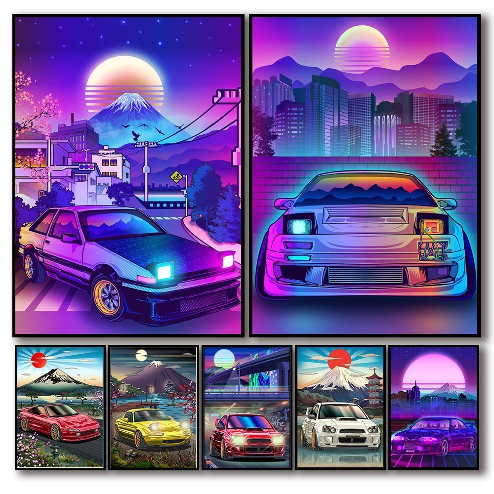 1000x1000 Canvas Synthwave Poster. Synthwave Decorations. Synthwave Room Decor Car Poster