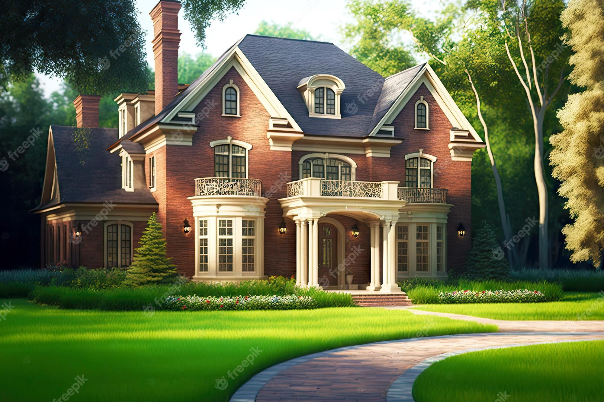 2000x1333 Premium Photo. Fairly ious brick mansion in american style house exterior with green lawn