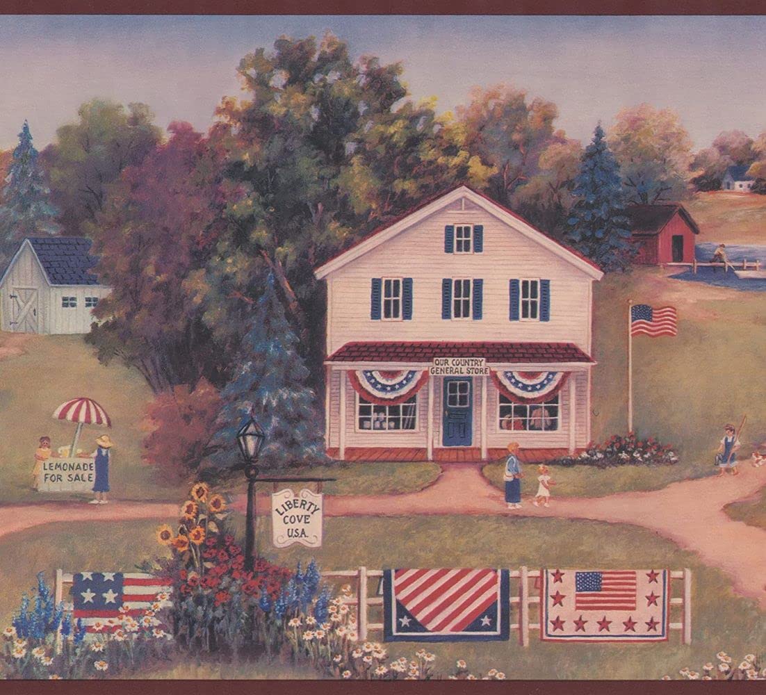 1102x1000 CONCORD WALLCOVERINGS ™ Wallpaper Border Patriotic Pattern Vintage American Countryside for Dining Area Living Room Social Room, Navy Red White Blue Green Brown Yellow, 8 Inches by 15 Feet PC95042B